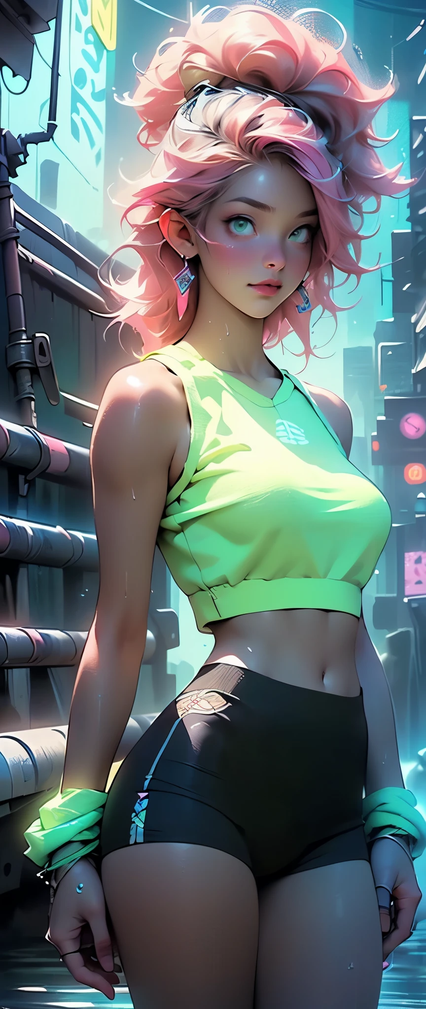 anime girl in a gym outfit posing, neon background, by Stanley Artgerm, superflat, ((muscular)), ((muscle definition and tone)), a comic book panel