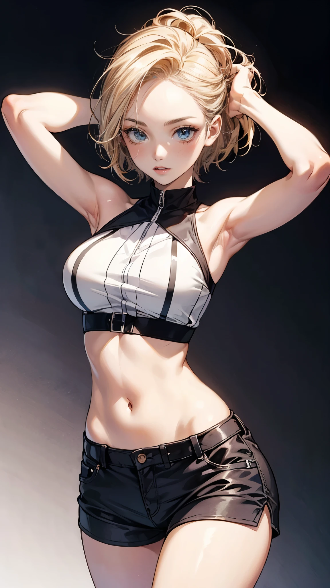 (Cute tween fashion model:1.5), 3/4 photo, bust focus, natural light, tomboy, skinny, thin, slim, lean, slender, nubile, posing for picture, very short hair, blonde hair, blueeyes, natural lighting, armpits, thin waist, thin hips, perfect lips, fat lower lip, young, youthful, , ager, busty , huge breasts, grey background, tight crop top, tiny shorts