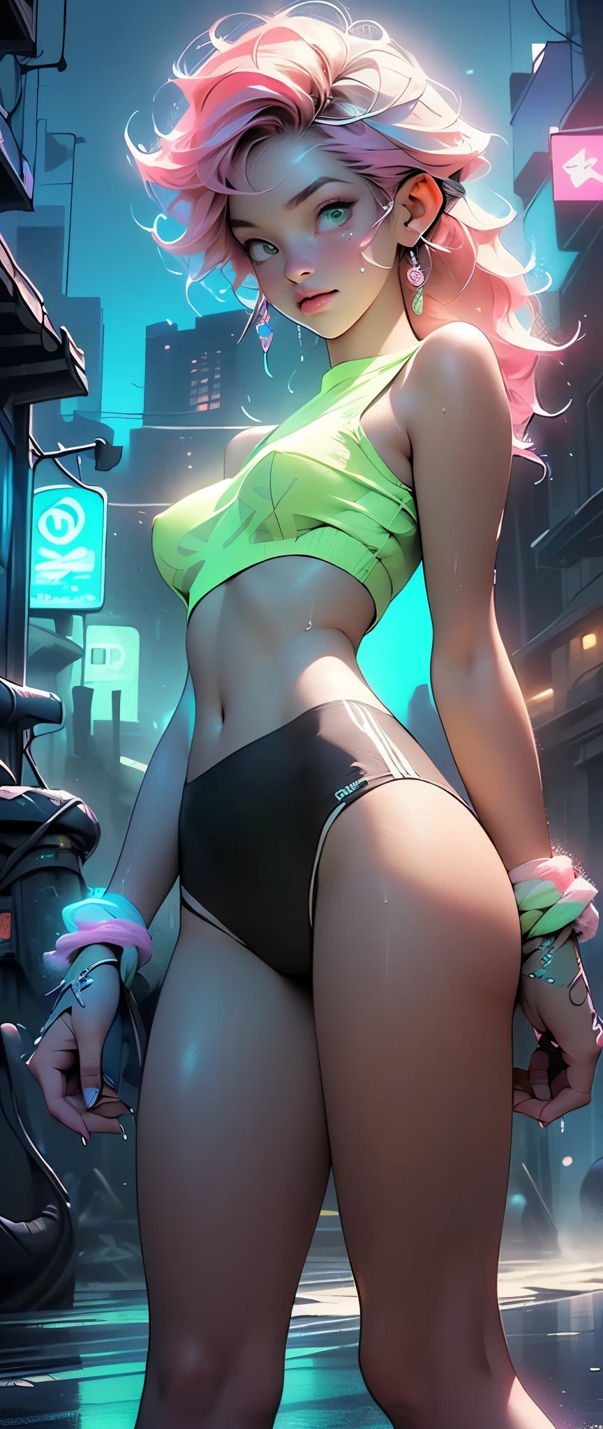 hd masterpiece, anime girl ((20year old, dressed a tight crop top, exposed navel, very short black shorts, sneakers, medium breasts, multicolor pink hair, twin ponytails, perfect model body:1.3, detailed green eyes:1.5)) ((laying on a bed in a spaceship looking at her phone:1.5, back toward viewer:1.2)), inspired by Yuumei, dreamy cyberpunk girl, anime cyberpunk art, girl in space, digital cyberpunk - anime art, cyberpunk anime girl, by Yuumei, digital cyberpunk anime art, cyberpunk, cyberpunk anime art, cyberpunk vibe, cyber space, cyberpunk art style, on a spaceship ((solo:1.6)) ((PoV from behind:1.6))