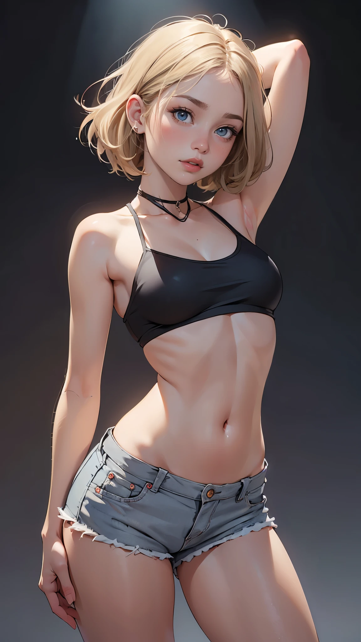 (Cute tween fashion model:1.5), 3/4 photo, bust focus, natural light, tomboy, skinny, thin, slim, lean, slender, nubile, posing for picture, very short hair, blonde hair, blueeyes, natural lighting, armpits, thin waist, thin hips, perfect lips, fat lower lip, young, youthful, , ager, busty , huge breasts, grey background, tight crop top, tiny shorts