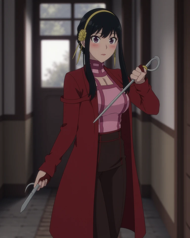 Hook was a young, pretty Japanese woman who looked like Yoru from the spy family, and had a silver hook on her hand., She was wearing a long red coat over a pink shirt, dark brown pants underneath, blushing, and had long, straight black hair, Japanese anime