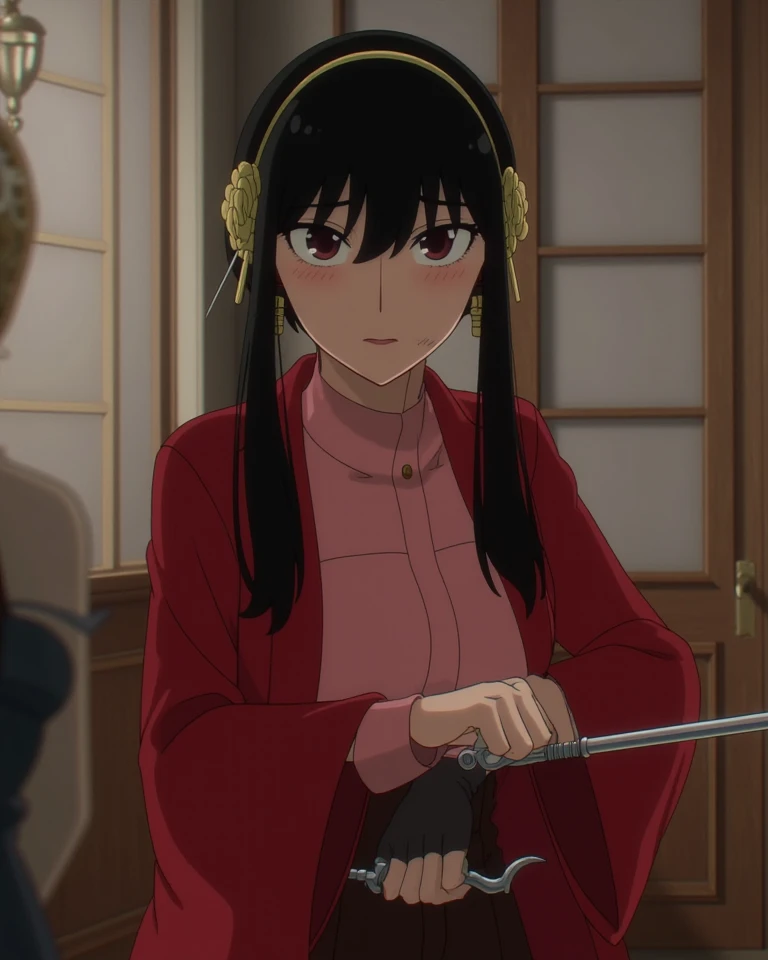 Hook was a young, pretty Japanese woman who looked like Yoru from the spy family, and had a silver hook on her hand., She was wearing a long red coat over a pink shirt, dark brown pants underneath, blushing, and had long, straight black hair, Japanese anime