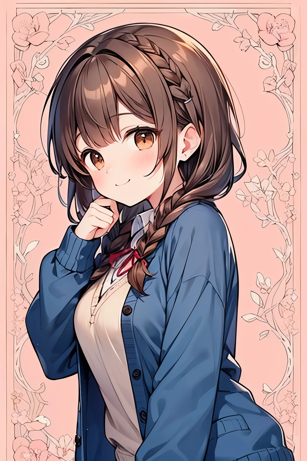 ((brown hair:1.25)),((braided medium hair:1.25)),((brown eyes)),(diagonal side view:1.0),(Thick clothing and long sleeves:1.1),(blue check pattern cardigan:1.1),(tilt one's head:1.0),(hand on own chin:1.1),//,((coralpink lace pattern background:1.1)),((Many question mark:1.0)),plump breasts,(looking viewer:1.0), fearless smile ,Kinky laugh