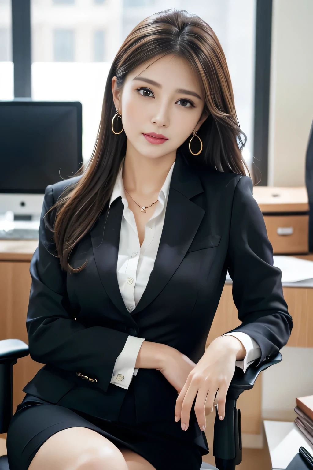 Arafed woman in a black suit sitting in a chair - SeaArt AI