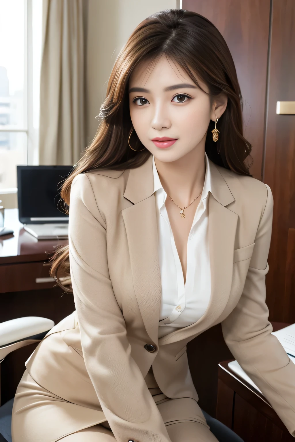 table top, highest quality, realistic, Super detailed, finely, High resolution, 8k wallpaper, 1 beautiful woman,, light brown messy hair, wearing a business suit, sharp focus, perfect dynamic composition, finelyて美しい目, thin hair, Detailed and realistic skin texture, smile, model body shape、beautiful feet、office