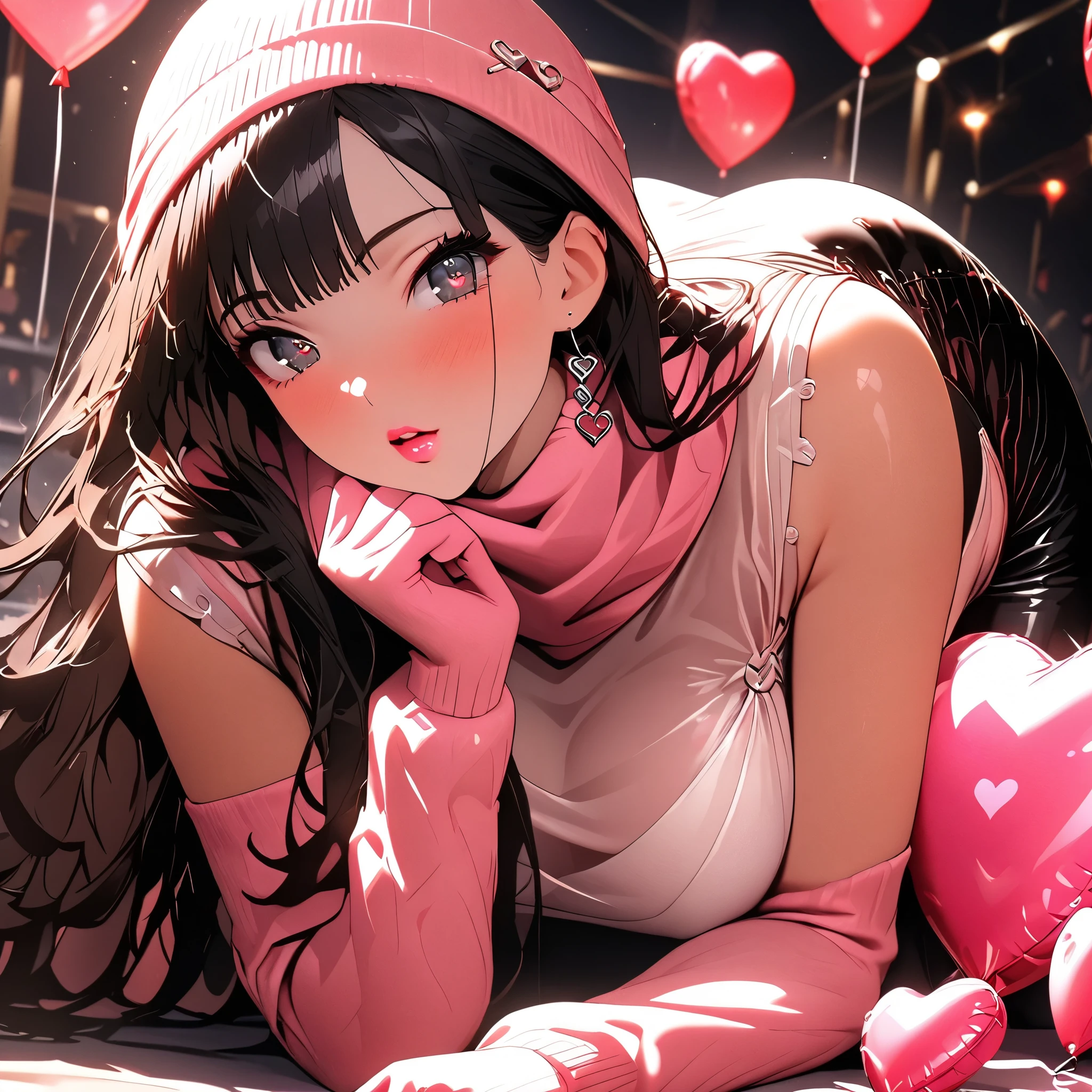 (beautiful girl:1.3),1girl,masterpiece,Highest quality,Ultra-high resolution,rich contrast,super high quality,8k,Highly detailed CG unit wallpaper,texture,Incredibly absurd,Ultra-high resolution,Highest quality anime,professional photograph,an extremely delicate and beautiful,RAW Photos,Depth of Field 1.2,ultra-detailed eyes,Glitter Effect,Beautiful glossy lips, 25years old, gorgeous legs, noise perfect, gorgeous ass, 1girl, gorgeous ass, dynamic pose, sensual woman, seductive woman, mature woman, Milf, maternal, shy look, full body, (type of photo: medium shot, portraying the person from head to waist), DisneyPocahontas, 1girl, black hair, black eyes, long hair, dark skin, Setting: A fair with neon lights, She is holding a teddy bear with a red bow and several heart balloons float around her. Her eyes reflect love and sweetness, Outfit: An oversized burgundy sweater with a turtleneck, leather leggings and tall black boots. Accessories: Wool gloves, a scarf in pink tones and a knitted hat with a pompom. Hair and makeup: natural makeup with a little highlighter and raspberry lips. in a cafeteria decorated with garlands of hearts,