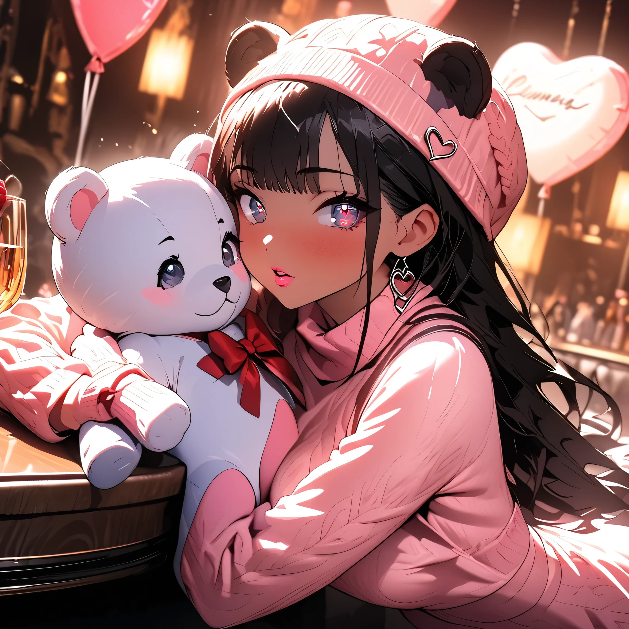 (beautiful girl:1.3),1girl,masterpiece,Highest quality,Ultra-high resolution,rich contrast,super high quality,8k,Highly detailed CG unit wallpaper,texture,Incredibly absurd,Ultra-high resolution,Highest quality anime,professional photograph,an extremely delicate and beautiful,RAW Photos,Depth of Field 1.2,ultra-detailed eyes,Glitter Effect,Beautiful glossy lips, 25years old, gorgeous legs, noise perfect, gorgeous ass, 1girl, gorgeous ass, dynamic pose, sensual woman, seductive woman, mature woman, Milf, maternal, shy look, full body, (type of photo: medium shot, portraying the person from head to waist), DisneyPocahontas, 1girl, black hair, black eyes, long hair, dark skin, Setting: A fair with neon lights, She is holding a teddy bear with a red bow and several heart balloons float around her. Her eyes reflect love and sweetness, Outfit: An oversized burgundy sweater with a turtleneck, leather leggings and tall black boots. Accessories: Wool gloves, a scarf in pink tones and a knitted hat with a pompom. Hair and makeup: natural makeup with a little highlighter and raspberry lips. in a cafeteria decorated with garlands of hearts,