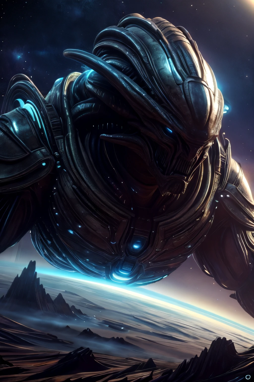 Realistic Extraterrestrial Life, alien man, above the earth, different planets showcasing in the background beautiful, cinematic light effects, masterpiece collection, award winning, cinematic art studio effects,