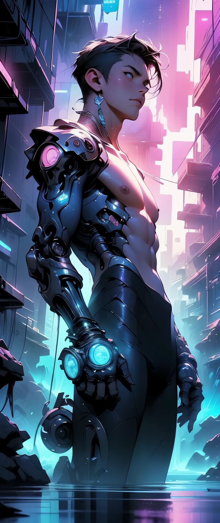 male, (muscular, full nude, only Glowing cyberpunk future helmet, erection huge penis, covered semen,) realistic, human skinned, lying bed, spread legs,