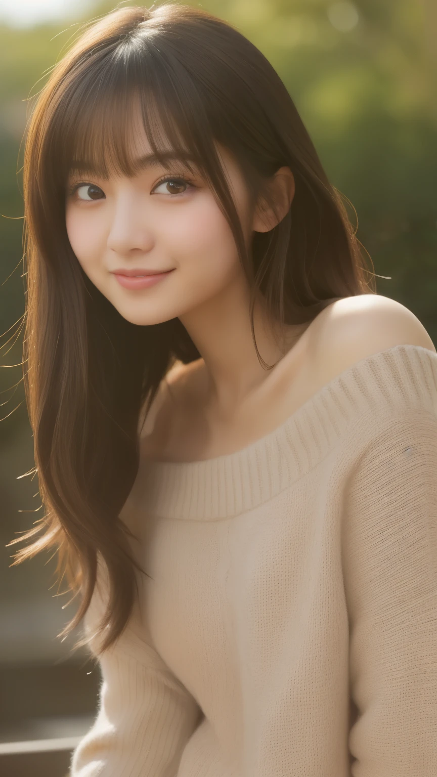 A beautiful young Japanese woman with deep eyes and a gentle smile, slightly tousled long brown hair, wearing an off-shoulder sweater, soft natural lighting, intimate close-up shot, blurred background, realistic style, ultra HD