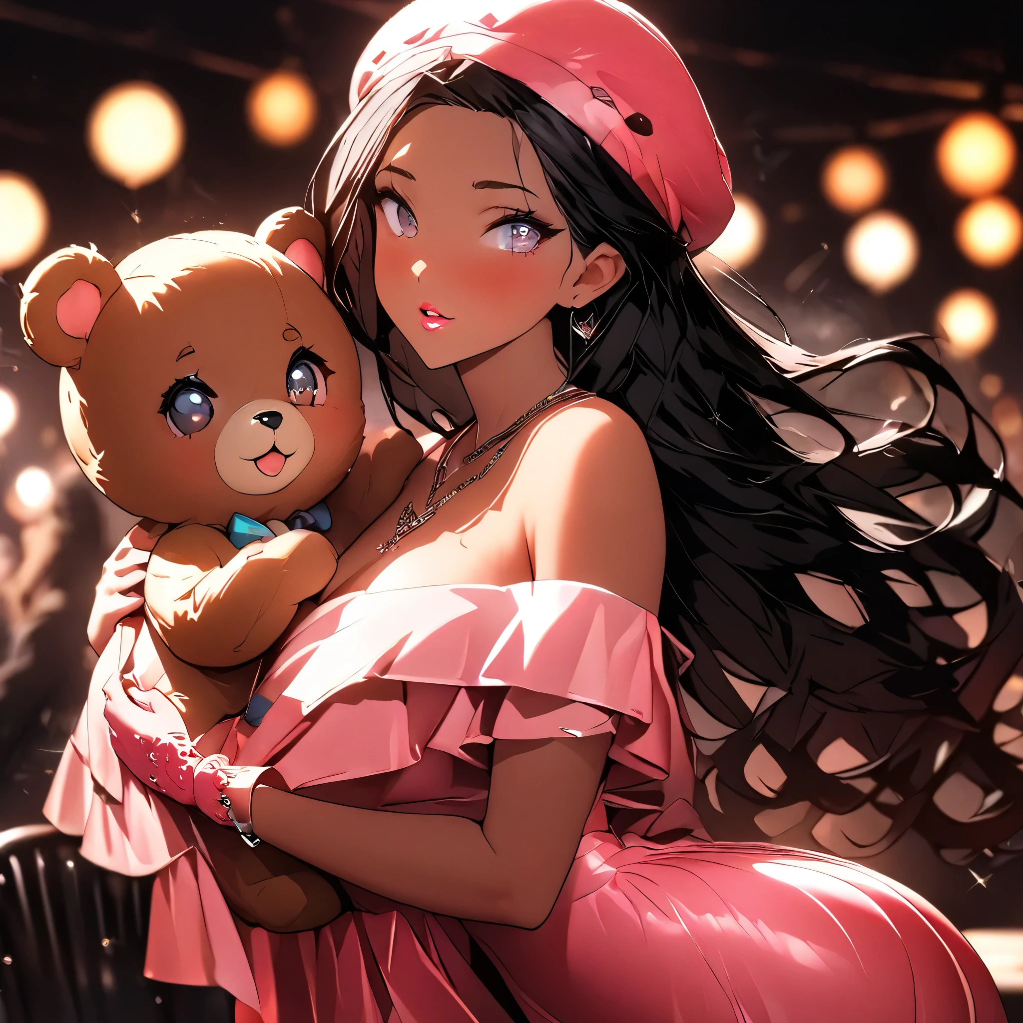 (beautiful girl:1.3),1girl,masterpiece,Highest quality,Ultra-high resolution,rich contrast,super high quality,8k,Highly detailed CG unit wallpaper,texture,Incredibly absurd,Ultra-high resolution,Highest quality anime,professional photograph,an extremely delicate and beautiful,RAW Photos,Depth of Field 1.2,ultra-detailed eyes,Glitter Effect,Beautiful glossy lips, 25years old, gorgeous legs, noise perfect, gorgeous ass, 1girl, gorgeous ass, dynamic pose, sensual woman, seductive woman, mature woman, Milf, maternal, shy look, full body, (type of photo: medium shot, portraying the person from head to waist), PocahontasXLPdark skin, long hair, necklace, strapless, dress, feathers, DisneyPocahontas, 1girl, black hair, black eyes, long hair, dark skin, Setting: A fair with neon lights, She is holding a teddy bear with a red bow and several heart balloons float around her. Her eyes reflect love and sweetness, Outfit: An oversized burgundy sweater with a turtleneck, leather leggings and tall black boots. Accessories: Wool gloves, a scarf in pink tones and a knitted hat with a pompom. Hair and makeup: natural makeup with a little highlighter and raspberry lips. in a cafeteria decorated with garlands of hearts,