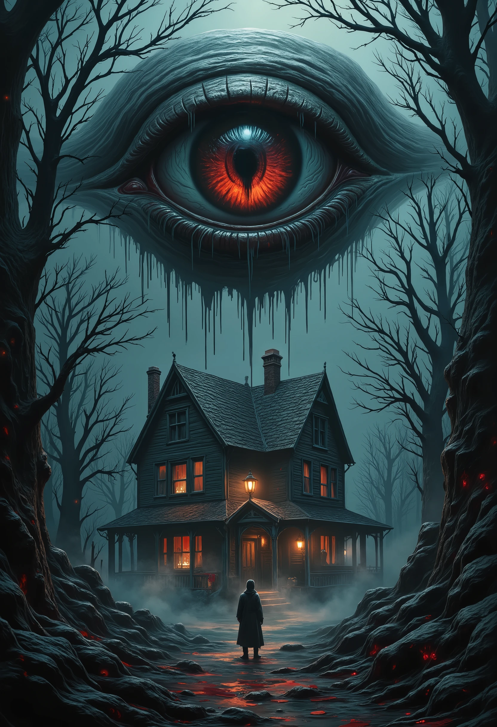 horror show, monster, nightmare, fear, Cinematic style, play of shadow and light, A dark fantasy, surreal horror composition featuring a large, sinister eye with detailed irises hovering over a haunted house. The scene is awash in blood red splatters and dripping textures, creating an eerie, nightmarish atmosphere. The background features twisted, shadowy trees and fog, shrouding a creepy old house with flickering lights. A lone figure stands in the distance, shrouded in fog, adding to the sense of mystery and dread. The overall color palette features deep reds, blacks and cool blues, with intricate shadows and texture details mixing horror and surrealism.”