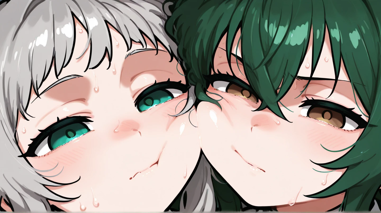 2girls, animegirl, duo, ((tongue out)), ((tongue kissing)), ((saliva)), ((Asuna Yuuki From Sword Art Online)), ((Tatsumaki From One Punch Man)), ((close kissing)), ((saliva dripping from mouth))