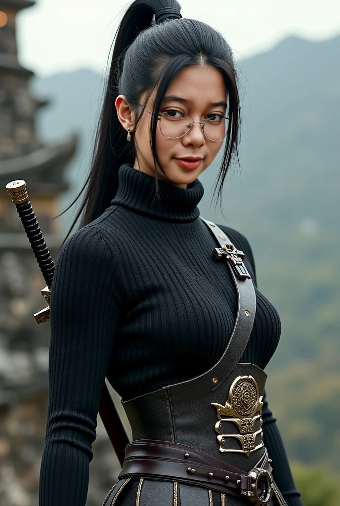 Foto hiperrealista en primer plano de Kim Joo (Korean girl), Create dystopian masterpieces. as a witcher, scene from the Witcher movie, the entire figure dressed in witcher style, outside of medieval inn, beautiful woman, skinny skinny, large breasts, black long hair, detailed face, smile, facing the camera, photo taken from a distance, age of 25 years old