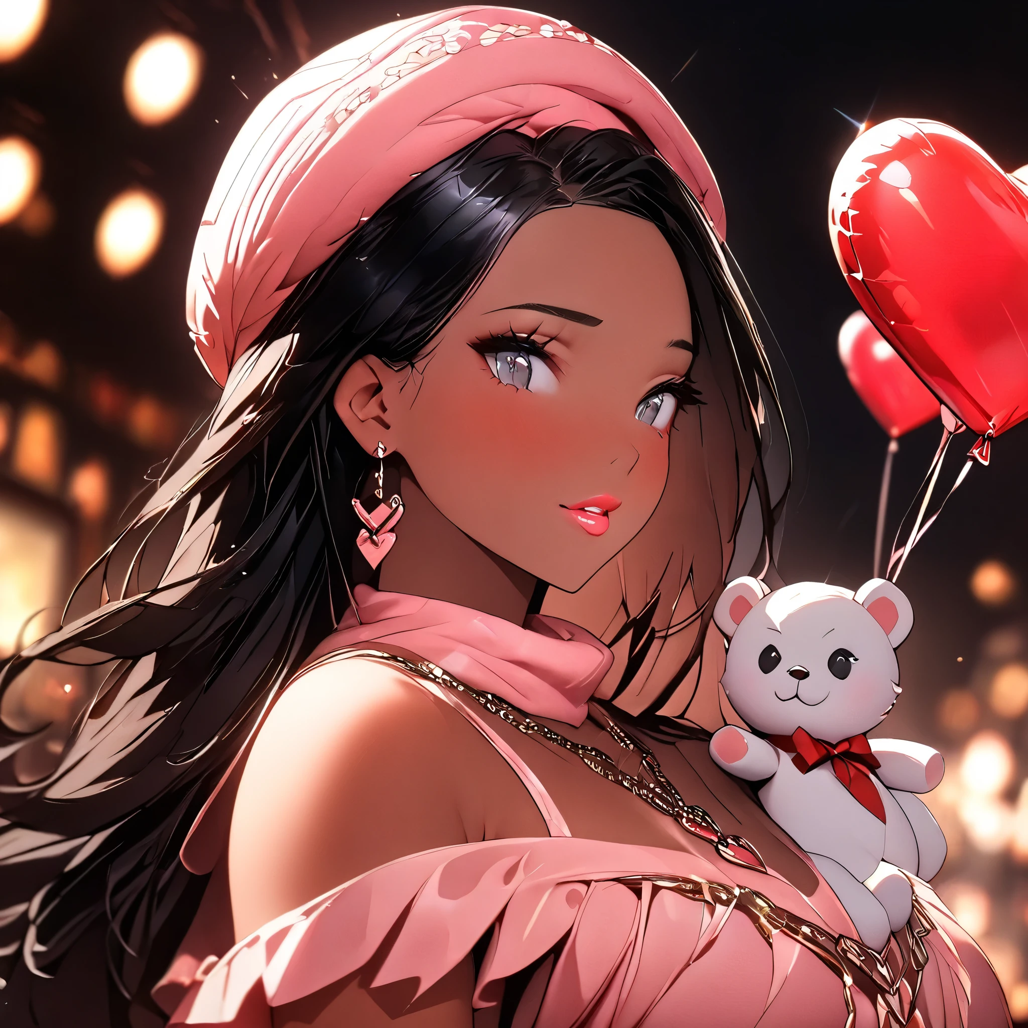 (beautiful girl:1.3),1girl,masterpiece,Highest quality,Ultra-high resolution,rich contrast,super high quality,8k,Highly detailed CG unit wallpaper,texture,Incredibly absurd,Ultra-high resolution,Highest quality anime,professional photograph,an extremely delicate and beautiful,RAW Photos,Depth of Field 1.2,ultra-detailed eyes,Glitter Effect,Beautiful glossy lips, 25years old, gorgeous legs, noise perfect, gorgeous ass, 1girl, gorgeous ass, dynamic pose, sensual woman, seductive woman, mature woman, Milf, maternal, shy look, full body, (type of photo: medium shot, portraying the person from head to waist), PocahontasXLPdark skin, long hair, necklace, strapless, dress, feathers, DisneyPocahontas, 1girl, black hair, black eyes, long hair, dark skin, Setting: A fair with neon lights, She is holding a teddy bear with a red bow and several heart balloons float around her. Her eyes reflect love and sweetness, Outfit: An oversized burgundy sweater with a turtleneck, leather leggings and tall black boots. Accessories: Wool gloves, a scarf in pink tones and a knitted hat with a pompom. Hair and makeup: natural makeup with a little highlighter and raspberry lips. in a cafeteria decorated with garlands of hearts,