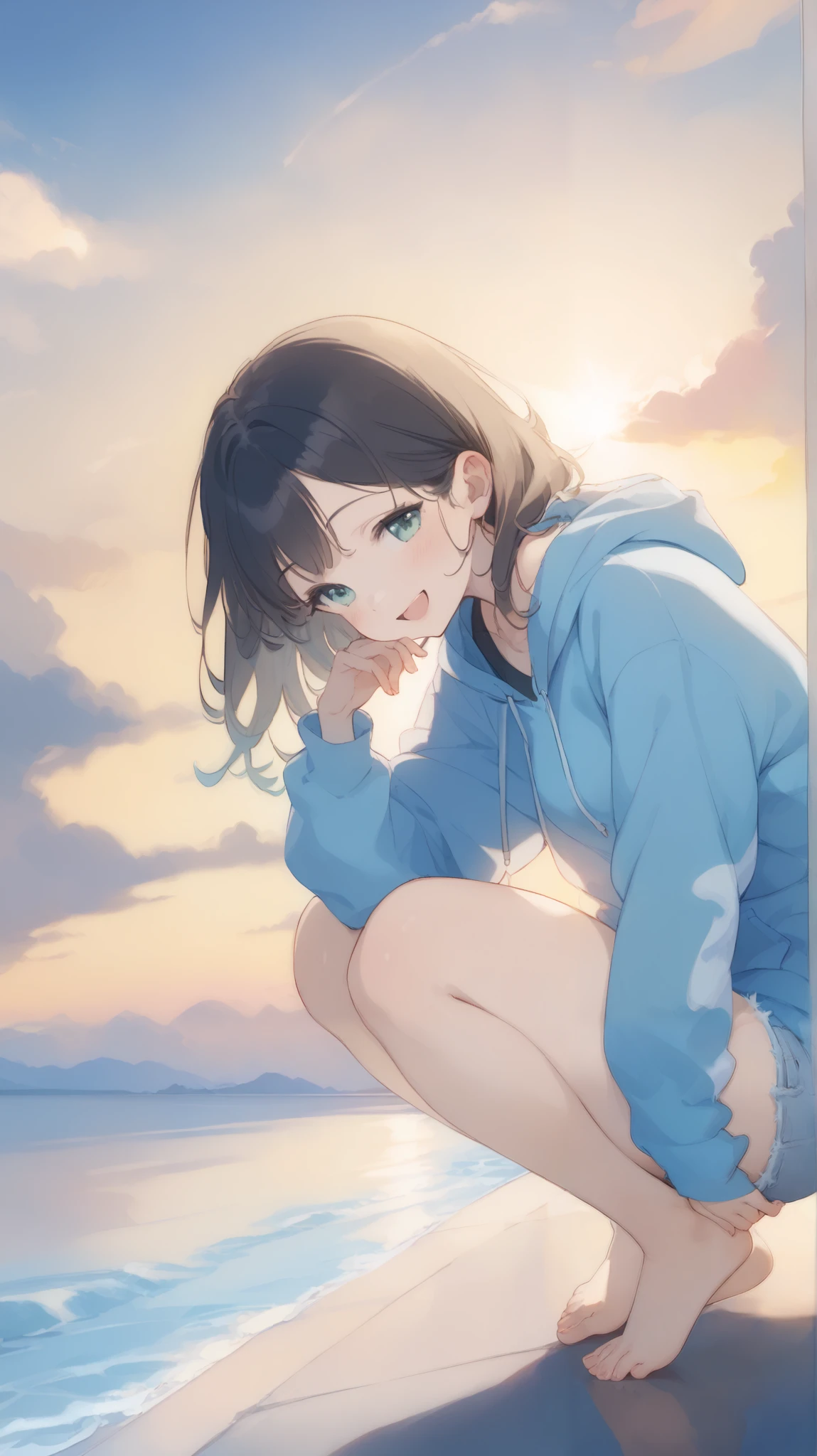 Masterpiece, top quality, Movie stills, Full body angle:1.5, in the seat, loose hoodie 、7Cropped trousers、 denim、 Sky Reflected on Sea Surface 、 Mirror-like water surface 、Reflective water surface、I can see your ankles、 barefoot、sunset、Beautiful sky, close, bright, happy, warm and soft lighting, sunset, (:0.7)