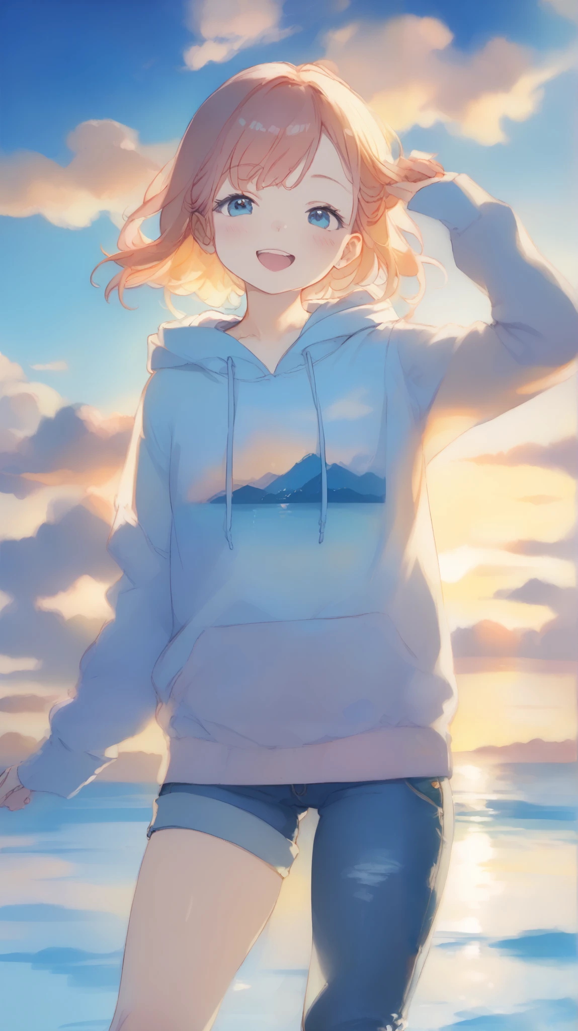 Masterpiece, top quality, watercolor, Full body angle:1.5, in the seat, loose hoodie 、7Cropped trousers、 denim、 Sky Reflected on Sea Surface 、 Mirror-like water surface 、Reflective water surface、I can see your ankles、 barefoot、sunset、Beautiful sky, close, bright, happy, warm and soft lighting, sunset, (:0.7)