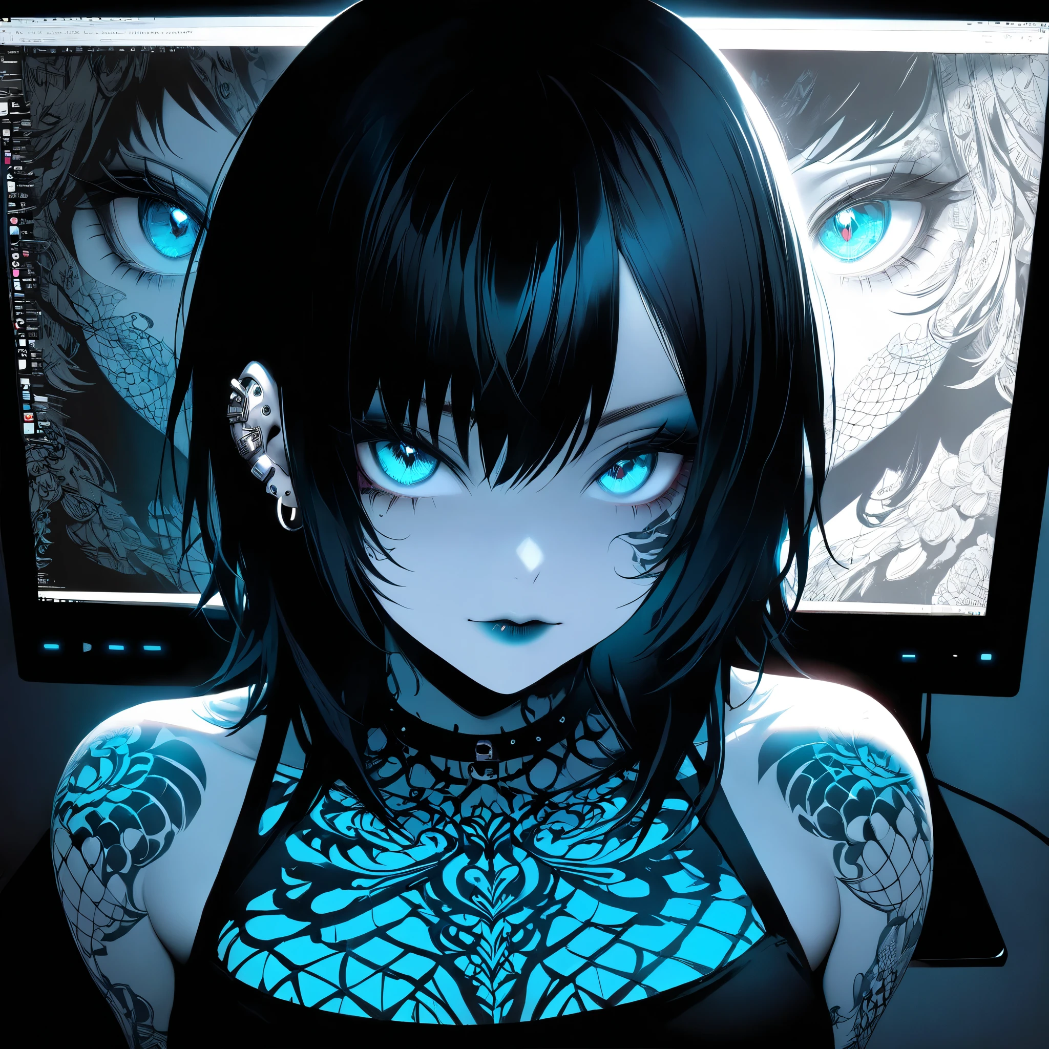 beautiful emo girl , sends me her erotic photos , illustration , bright colors , high-contrast lighting, dark background, tattoo teacher,piercing,emo makeup ,medium:2D art , ultra-detailed, realistic, ( perfect details: 1.5), ( illustration :1.1), ( Very good and beautiful :1.1), ( perfect details:1.1), ( nice and clean background :1.2), ( Extremely detailed computer graphics, very detailed , is the best shadow:1.1), (exquisitely drawn beautiful eyes)