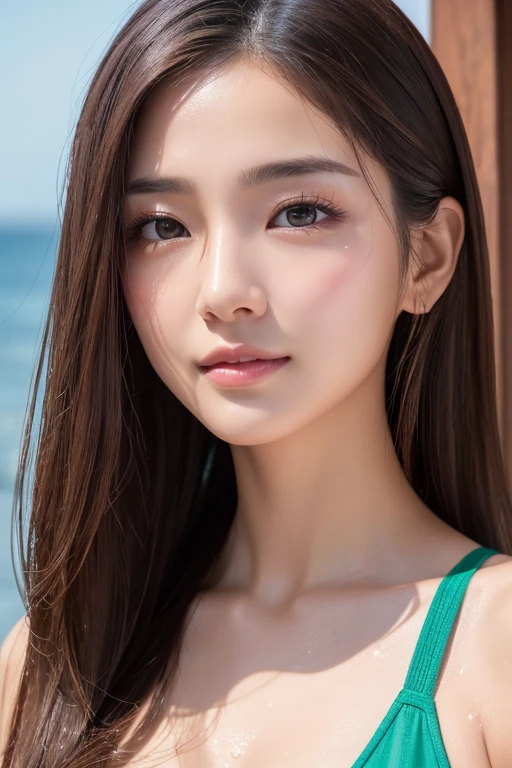 ((highest quality, 8K, masterpiece: 1.3)), clear focus: 1.2, 1 girl, perfect figure: 1.4, slim abs: 1.1, ((dark brown hair)), gray tank top, (outdoor, noon: 1.1), blurry beach background, super fine face, fine eyes, double eyelid、closed mouth