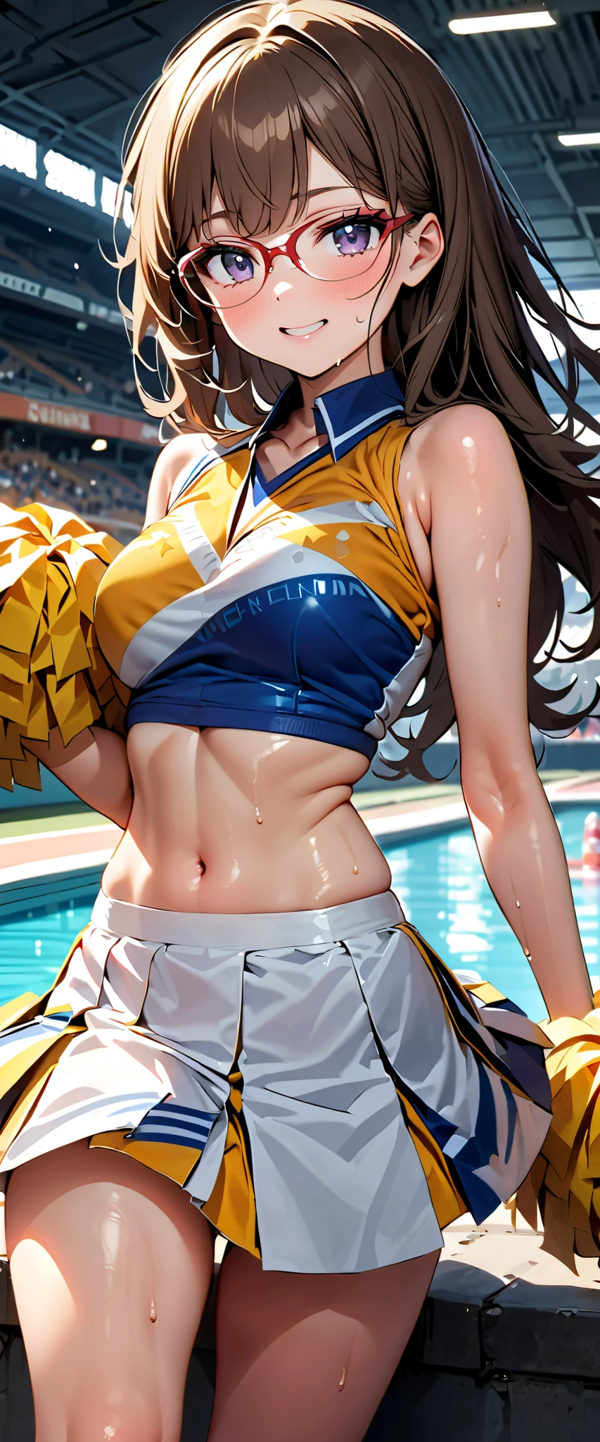 ( masterpiece, top quality, Ultra A High Resolution),Japanese woman alone, ((( a very pretty girl ))),  cute girl、Staring at the photographer､  (()),  very cute face,  glossy lips, , natural smile 、  Natural Cosmetics,  long lashes,  Shiny Smooth Hair ､,   Perfect Limbs ,  perfect anatomy,(((Shining cheer uniforms, cheerleader, cheerleader, tube top )))) STADIUM,, sweaty,((( tube top )))Gloss Lip,Glasses, small tits, skinny