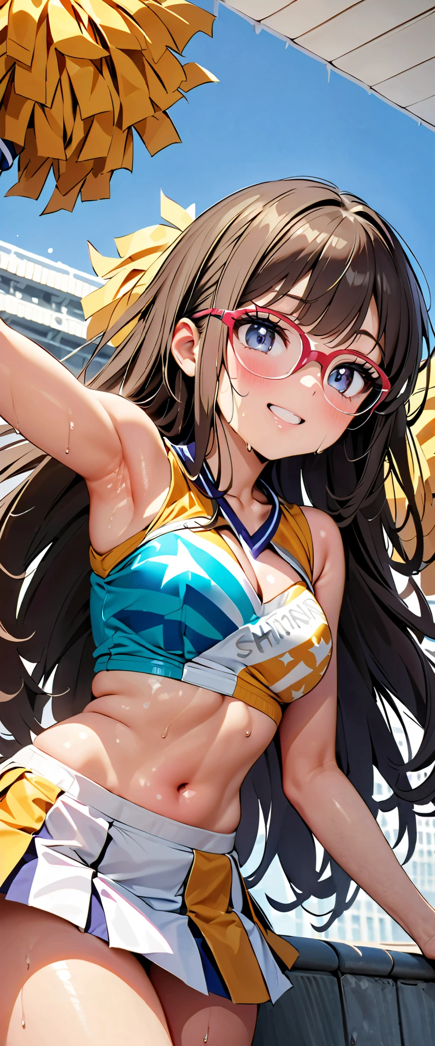 Cheerleader,One girl,cute,A big smile,Mouth wide open,I&#39;m rooting for you,hair_Two Side Up,hair_Money,eye_green,Costume_green
