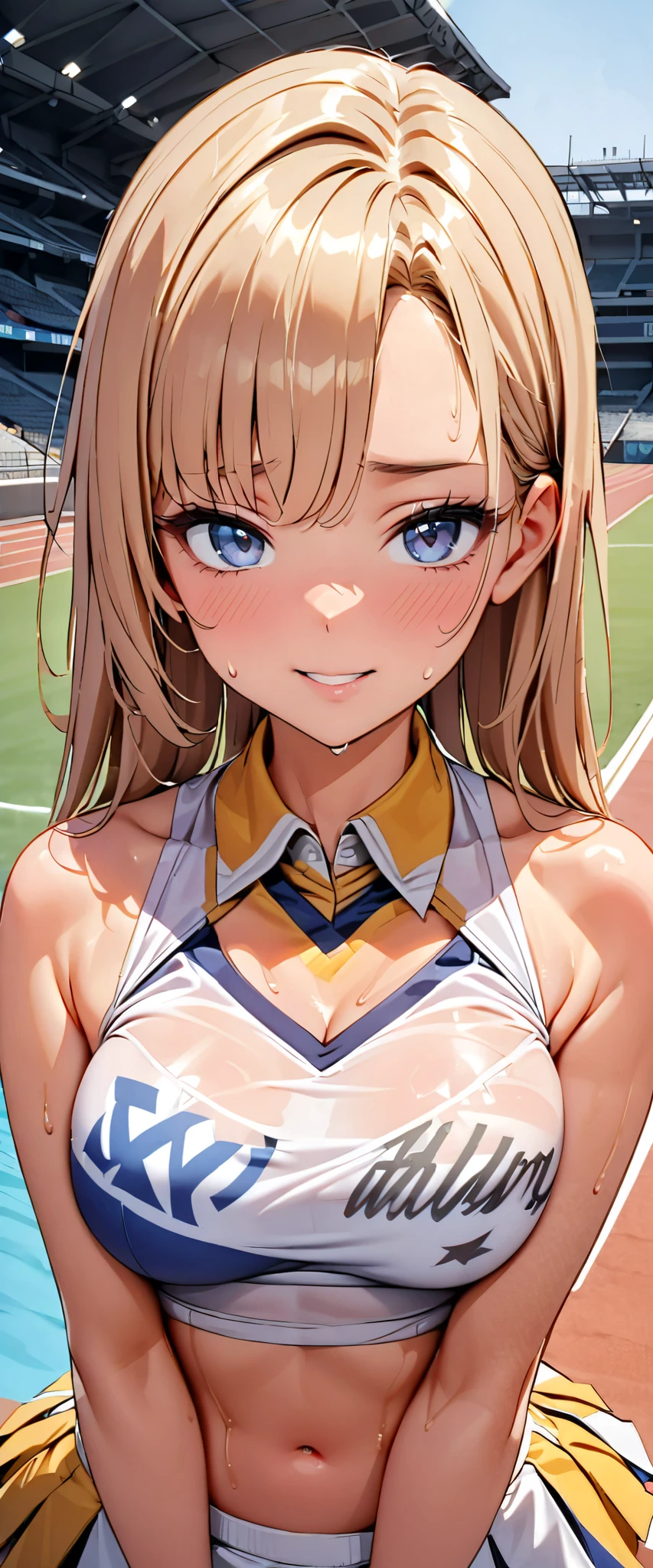( masterpiece, top quality, Ultra A High Resolution),Japanese woman alone, ((( a very pretty girl ))),  cute girl、Staring at the photographer､  (()),  very cute face,  glossy lips, , natural smile 、  Natural Cosmetics,  long lashes,  Shiny Smooth Hair ､,   Perfect Limbs ,  perfect anatomy,(((Shining cheer uniforms, cheerleader, cheerleader, tube top )))) STADIUM,, sweaty,((( tube top )))Gloss Lip, My body is wet from sweat