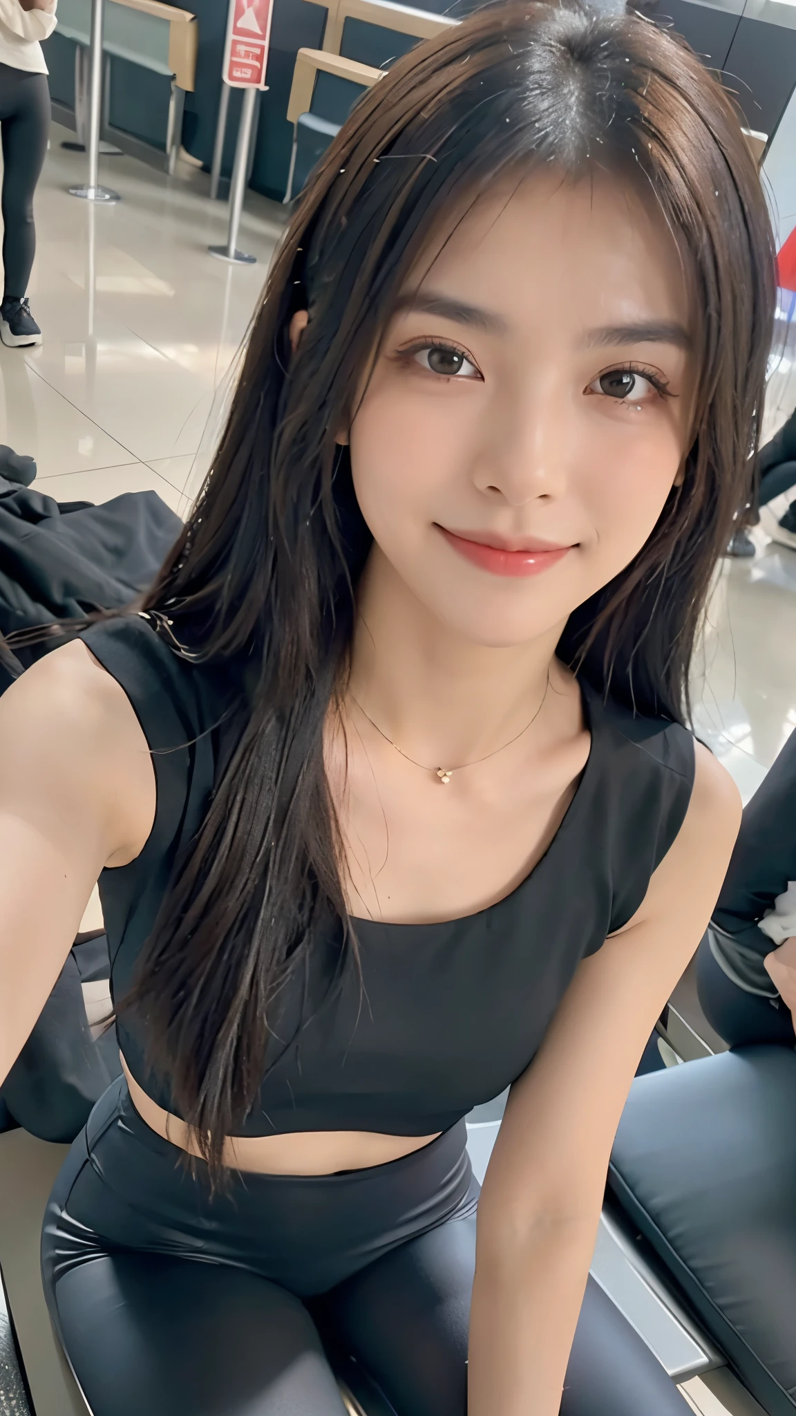 22-year-old girl, with gray eyes, pale white skin, normal body, smiling, black hair, photo taken with an ultra-realistic professional camera, very comfortable clothes, she is in the background of a shopping center