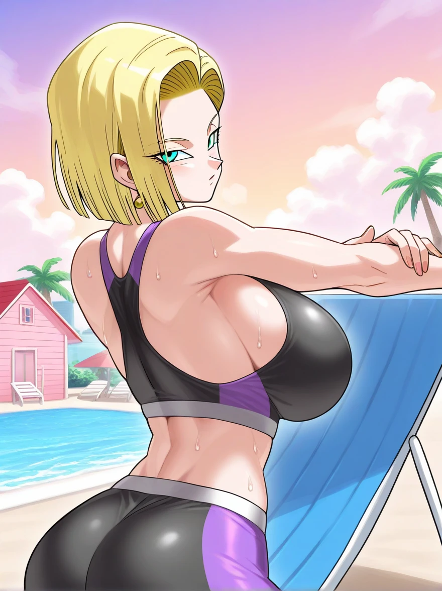 Dragon ball, android 18, 1girl, puffy lips, painted lips, thick lips, wide hips, thick thighs, big breast, huge ass, revealing cleavage, erotic, Smile face, bubble butt, camel toe, Breasts, ((small tight bikini)), on the Beach