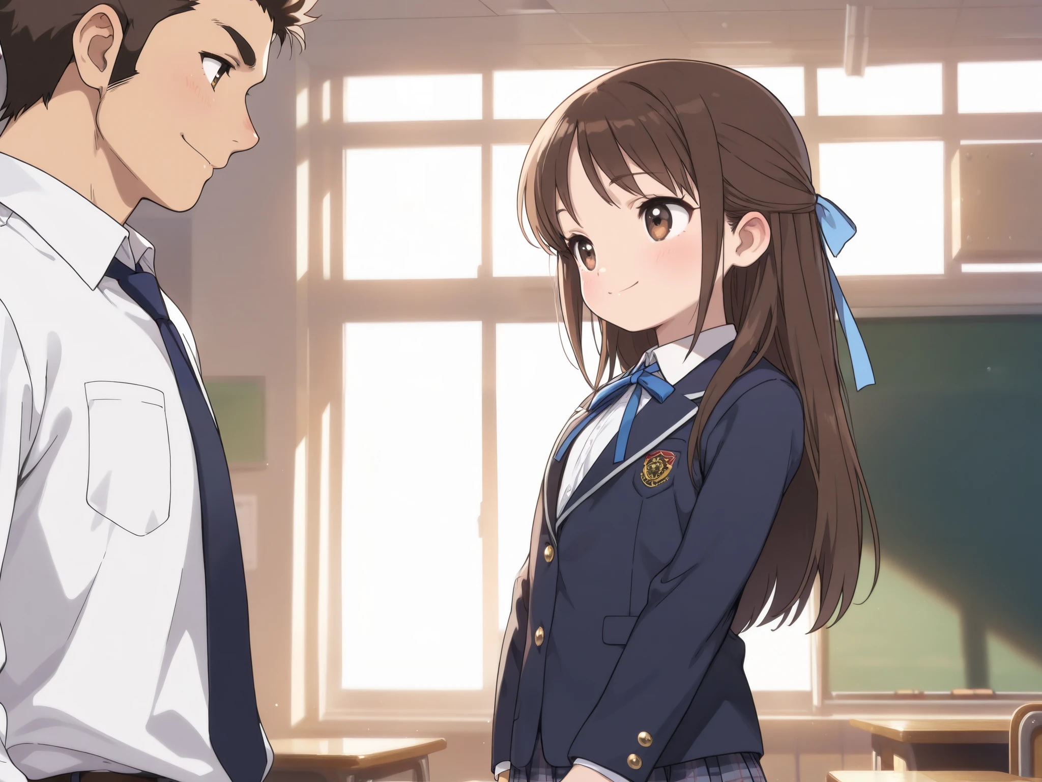 (Top Quality), (Very Aesthetic), (Super Detailed), (Best Illustration), , female , Girl, half updo, Blue Ribbon, Long Hair, Straight Hair, Sideburns, Center Parting, Brown Hair, Brown Eyes, Smiling, (flat breast), (school uniform, blazer, classic style with white shirt and plaid skirt, formal look), Classroom Lessons