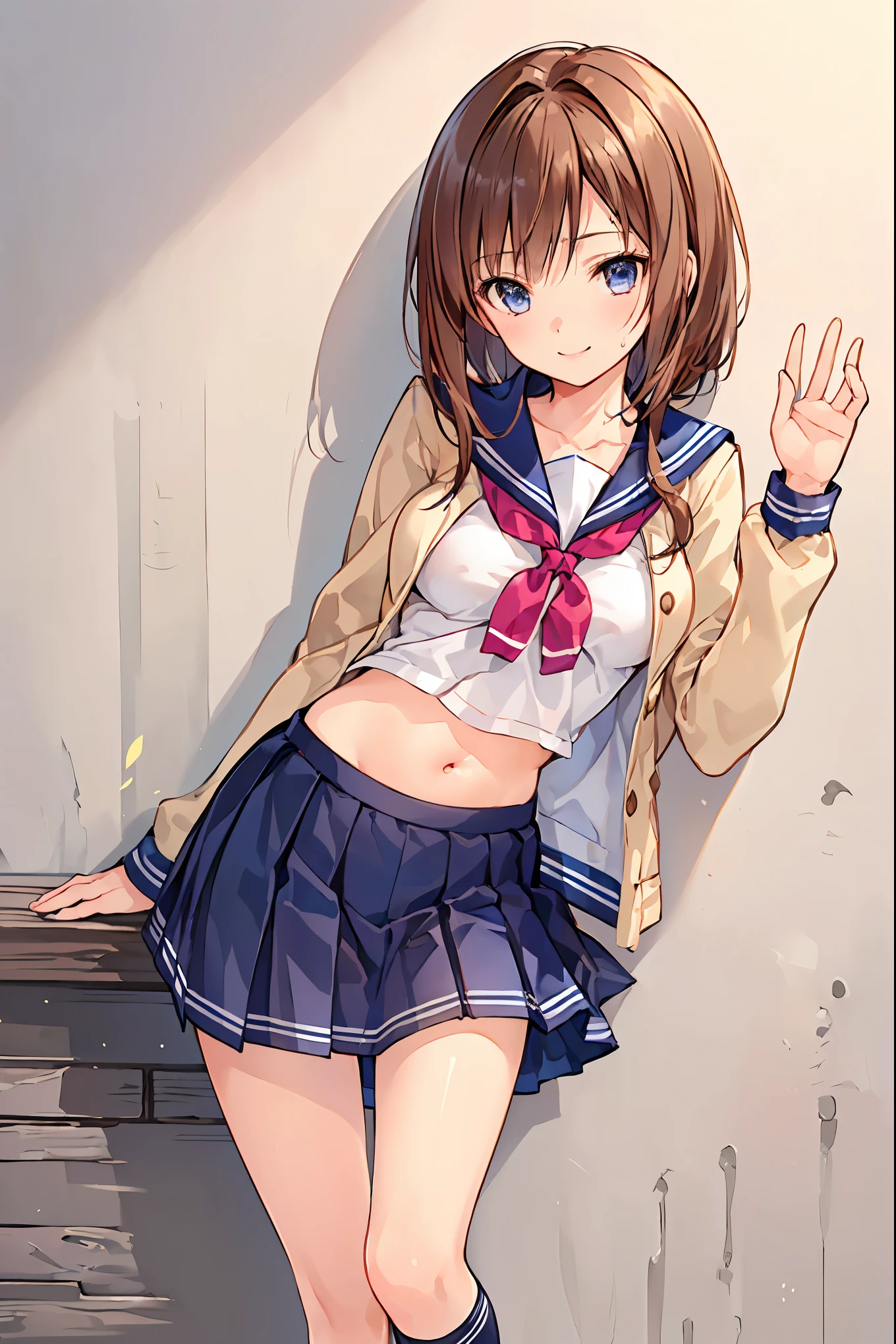 masterpiece, top quality, 非常に DetailsなCG Unity 8K壁紙 , Ultra-realistic 8K CG, perfect artwork , Perfect Female Body Type, Dramatic shadows , ( spotlight, viewer , Details light , ((( 1 girl))), (( SHARP FACE )), (( brown hair, wave hair)), ((( Sexy Poses ))), model body type , I can see my belly button, big breasts , (( cute face)), ( smiles gently: 1.2), ( asymmetrical bangs that grab the chest , beautiful eyelashes ), Beautiful appearance, (Beautiful bust line:1.2), (Chest), beautiful girl, beautiful facial features that describe a perfect face, cold, Natural Beauty , sweaty, slender body, Light and beautiful thigh expression , high school girl, high school uniforms , show me a sailor suit , pleated skirt , loose socks, in front of a wall full of graffiti , night , ((( leaning against the wall, standing))), Award-Winning Photos Cuddling From Behind, Details, realistic light and shadow , 8k resolution, professional lighting , ( shiny skin:0.9), Perfect Hands,