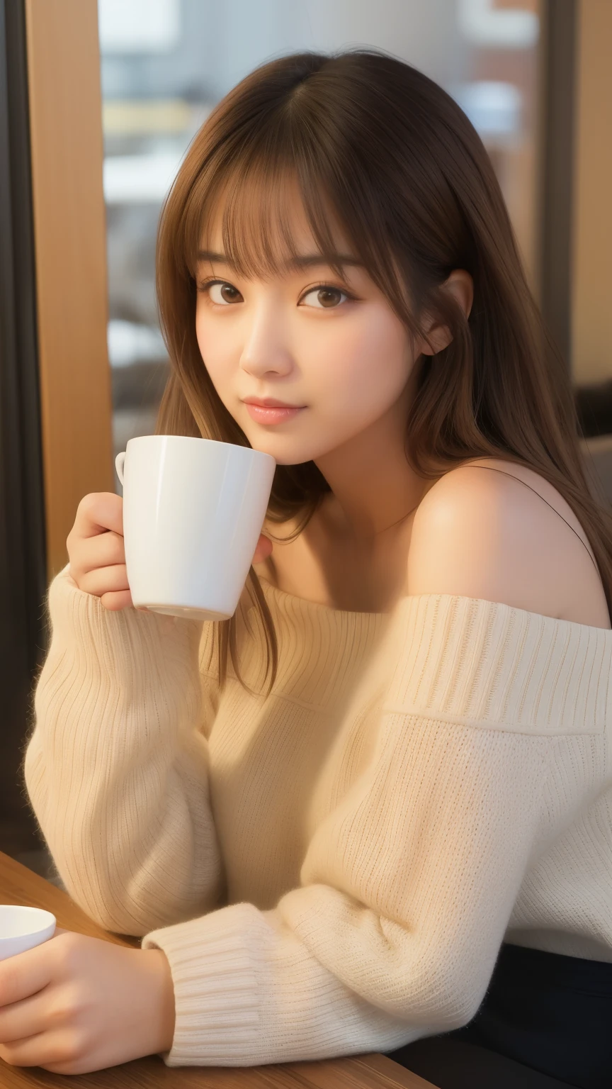 A beautiful young Japanese woman sitting in a cozy cafe, holding a warm coffee cup, soft natural lighting, slightly tousled long brown hair, wearing an off-shoulder sweater, gentle eyes, warm atmosphere, blurred background, realistic style, ultra HD