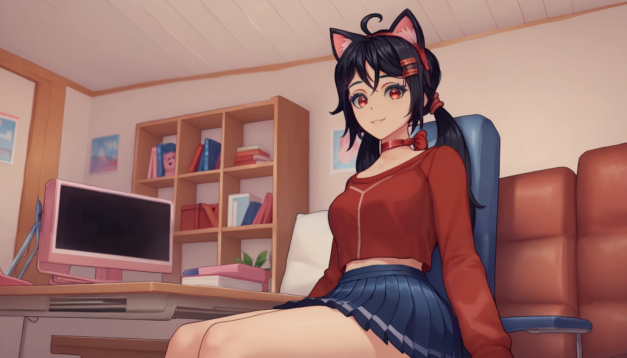 CrazyMita , , 1girl, , junkotvvxl ((cat girl, cat ears)), (red eyes), (long hair), (( black hair, (Ahoge), straight bangs,)),,, braids of hair, love de pelo roja, red choker , Red Jersey, folded blue skirt , hair ornament , sitting in a chair, pleated skirt, , vista frontal, seen from below, smiling, living room
