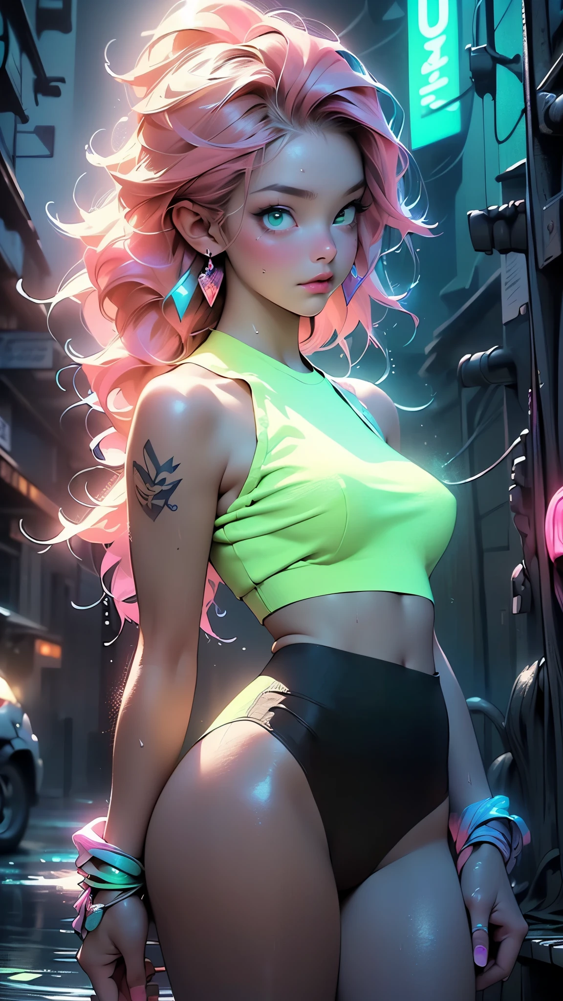 girl rave,(((1girl))),((girl with extremely cute and beautiful pink hair)),((asian features)),
(large breasts:1.4),saggy breasts,(((neon pink hair:1.35,wild hair,long hair:1.4,colored inner hair,ear breathing))),(((neon_green_eyes:1.3))),intricate eyes,beautiful detailed eyes,symmetrical eyes,slanted eyes:15,((fat)),((((lustrous skin:1.5,bright skin: 1.5,shiny skin,very shiny skin,shiny body,plastic glitter skin,exaggerated shiny skin,illuminated skin, wet legs))),(spider lower abdomen,narrow waist,wide hip,athletic body,inflated legs,detailed body,(detailed face)),
cute,slutty,seductive,erotic,(((nsfw))),
zettai ryouiki,revealing clothing,show skin,((rave shirt with an neon colors print,rave mini-short,visible thong straps)),((underpants strap)),(rave outfit:1.3,rave clothes,semi-naked,with little clothing),((neon tattoos:1.3)),((wet clothes,intricate outfit,intricate clothes)),
(dynamic pose:1.0),solo focus,embarrassed,(centered,scale to fit dimensions,Rule of thirds),
cyberpunk city by the ocean at night, with bright neon signs and dark stormy clouds and puddles, scenery:1.25,nighttime, starry night, cosmos,Very dark night that makes the neon lights stand out, very bright neon lights,
artistic photography,(photography taken by sldr),highres, sharp focus,(ultra detailed, extremely detailed), (photorealistic artwork:1.37),(extremely detailed CG unity 8k wallpaper),((synthwave background theme)),(((vibrant colors))),intricate,(intricate background),(masterpiece),(best quality),perfect rendered face,perfect face details,realistic face,photo realistic,analog style,((intricate detail)),(((realism))),