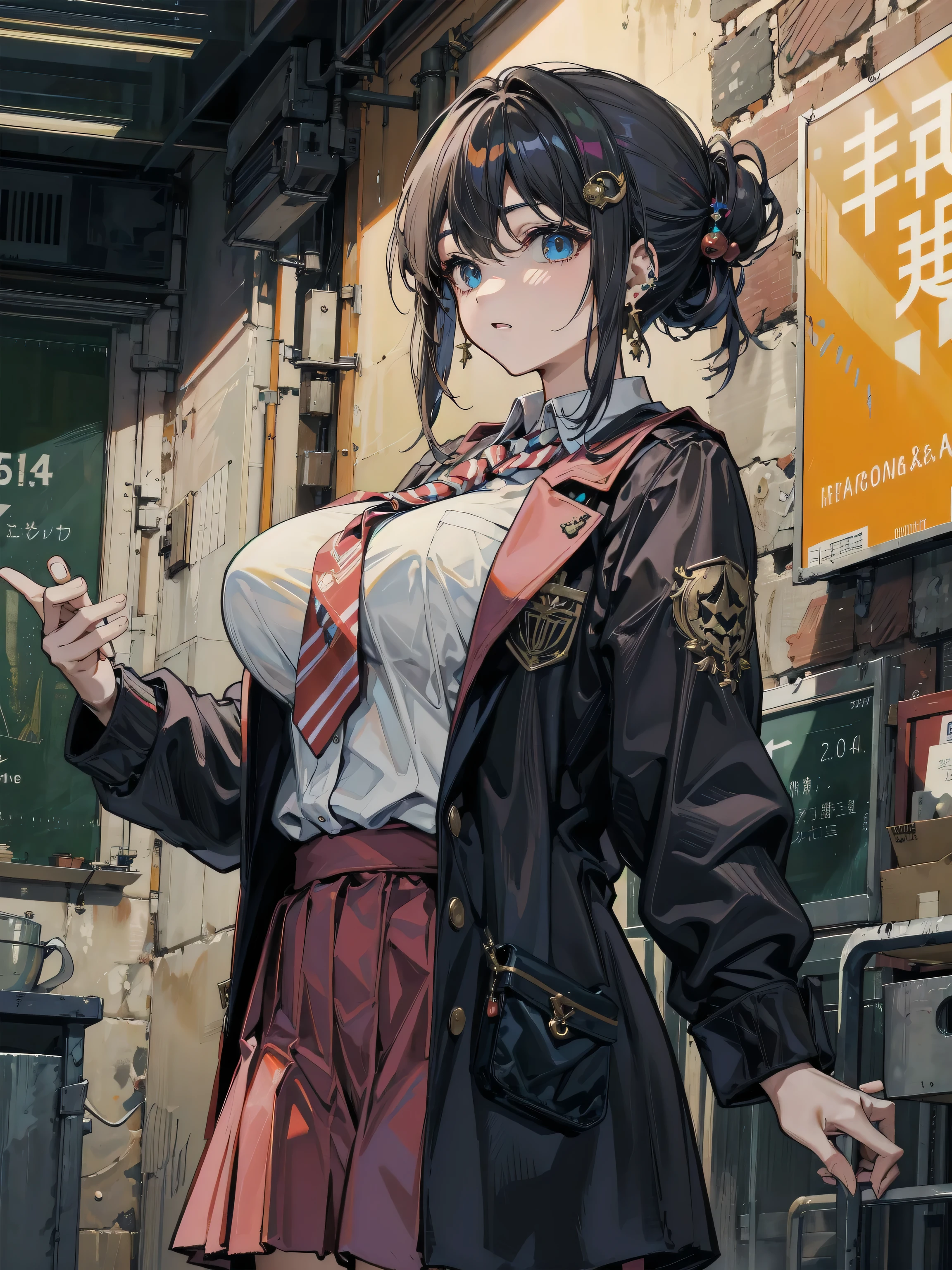 masutepiece, Best Quality, High resolution, Ultra High Resolution, depth of fields, Short hair, Brown hair, Pink eyes, hair pin, Long sleeves, cleavage, Big Tits, 鎖骨, Jacket, Jacket Off, Jacket open, Blue jacket, Sports Bra