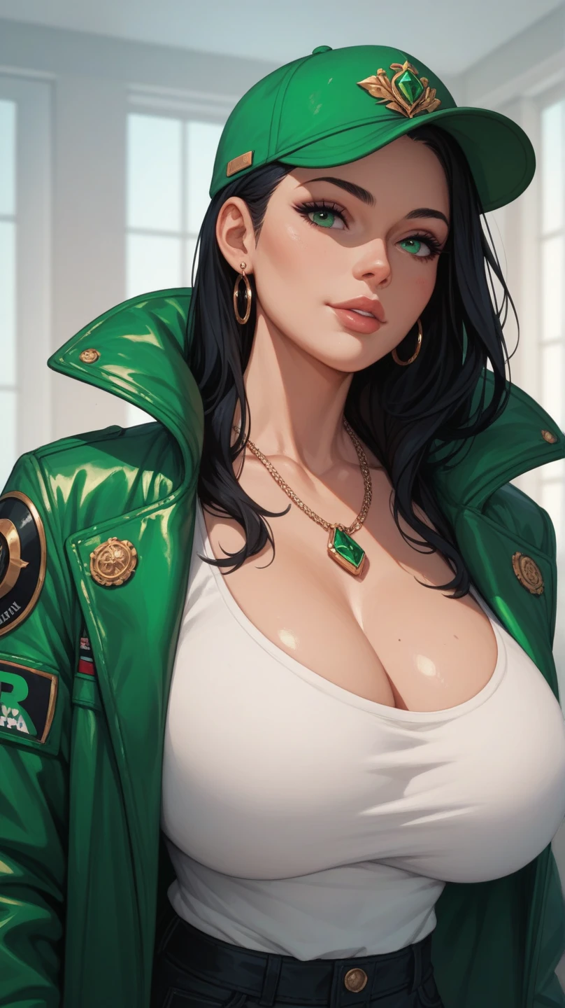 sfw, (masterpiece, best quality, 1girl, solo, intricate details, chromatic aberration), realistic, ((medium breath)), long black sleek hair with flat bangs, green highlights, green eyes, earrings, sharp eyes, red lips, choker, neon shirt, open jacket, crop top, (symmetry eyes),(perfect symmetrical body), against wall, brick wall, graffiti, dim lighting, alley ,look at viewer, wearing bra,((skinny waist)), young asian girl, ((big breasted)),