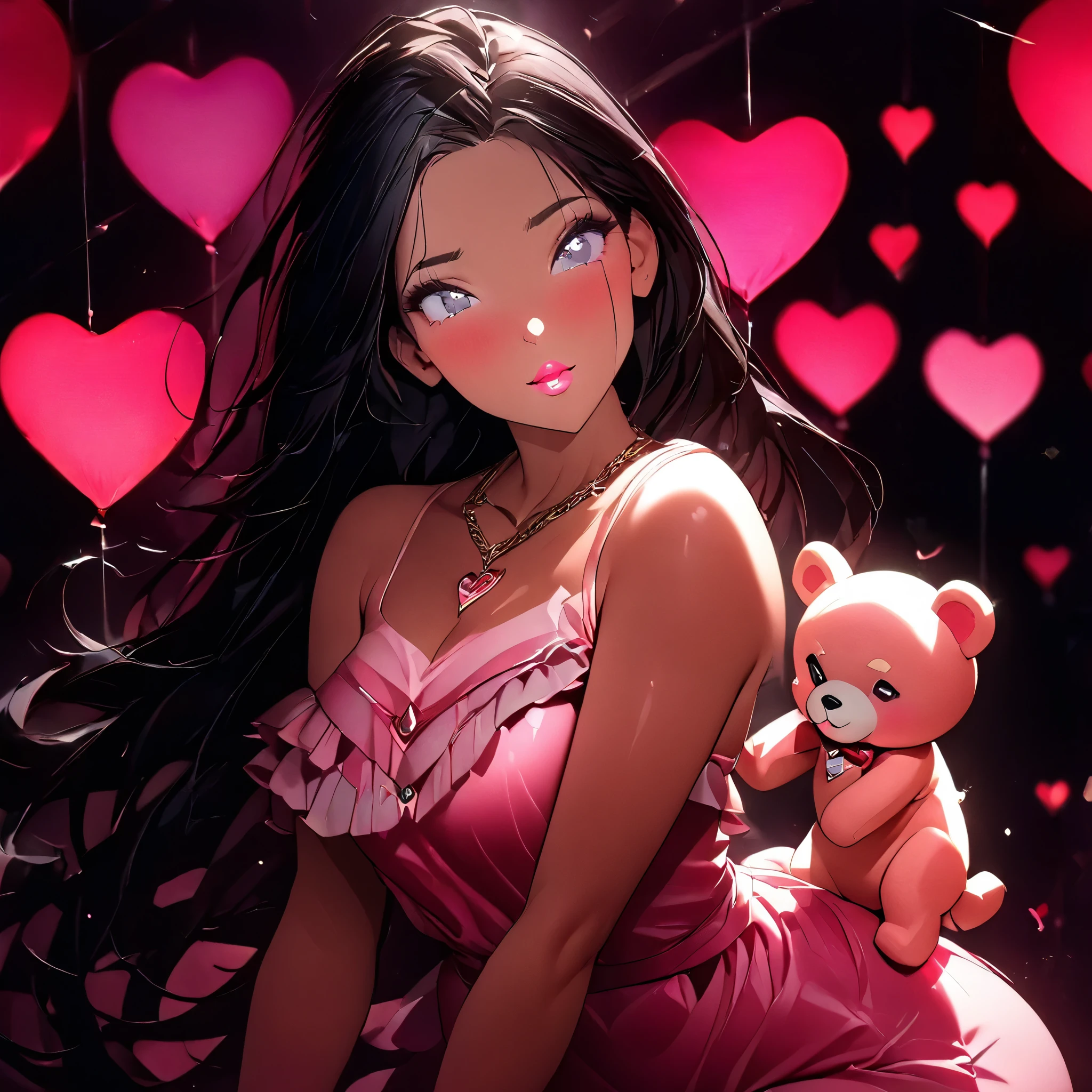 (beautiful girl:1.3),1girl,masterpiece,Highest quality,Ultra-high resolution,rich contrast,super high quality,8k,Highly detailed CG unit wallpaper,texture,Incredibly absurd,Ultra-high resolution,Highest quality anime,professional photograph,an extremely delicate and beautiful,RAW Photos,Depth of Field 1.2,ultra-detailed eyes,Glitter Effect,Beautiful glossy lips, 25years old, gorgeous legs, noise perfect, gorgeous ass, 1girl, gorgeous ass, dynamic pose, sensual woman, seductive woman, mature woman, Milf, maternal, shy look, full body, (type of photo: medium shot, portraying the person from head to waist), PocahontasXLP, dark skin, long hair, necklace, strapless, dress, feathers, DisneyPocahontas, 1girl, black hair, black eyes, long hair, dark skin, Setting: A fair with neon lights, She is holding a teddy bear with a red bow and several heart balloons float around her. Her eyes reflect love and sweetness, Outfit: An oversized burgundy sweater with a turtleneck, leather leggings and tall black boots. Accessories: Wool gloves, a scarf in pink tones and a knitted hat with a pompom. Hair and makeup: natural makeup with a little highlighter and raspberry lips. in a cafeteria decorated with garlands of hearts, 