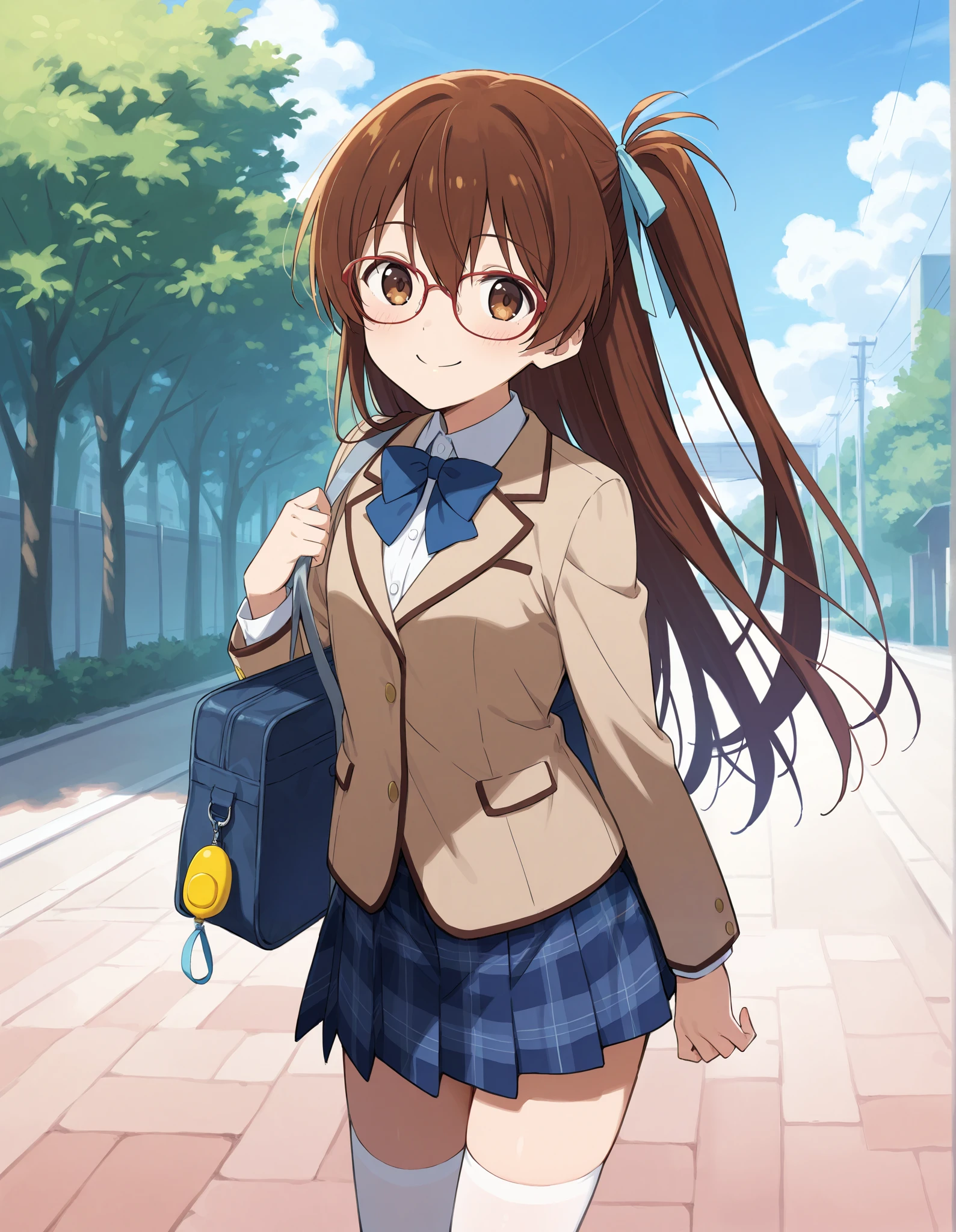 Hd , smile, happy, masterpiece, best quality, highres,2d, anime, 1girl, long hair, one side up, solo, ponytail, brown hair, long hair, hair ribbon, brown eyes, cowboy shot, smile, wearing glasses, round glasses frame, cute girl, flat breasts, happy and confident expression long straight hair, thin legs, flat chest, flat breasts. (happy, smile, cheerful), Standing, standing, outdoor, wearing white collared shirt, brown blazer, blue bowtie, blue plaid skirt, white thighhighs, holding school bag, blue bags, crime prevention buzzer