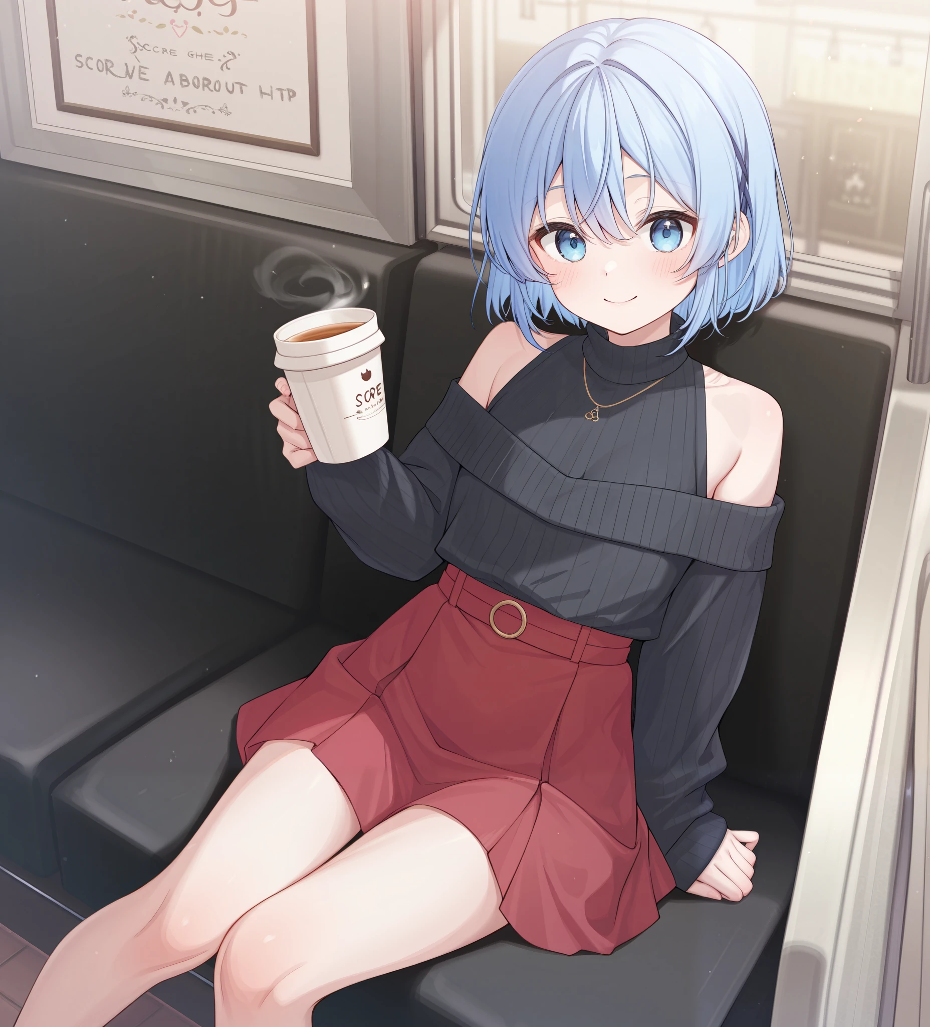  one girl about 20 years old 、 short hair、 blue hair close to light blue 、 blue eyes、 Sitting、smile、 watching here、 black sweater that has been hit, shoulders、 medium chest,  red skirt、Holding a cup、席に Sitting、 from the front、 Very Aesthetic、Cafe during the day
