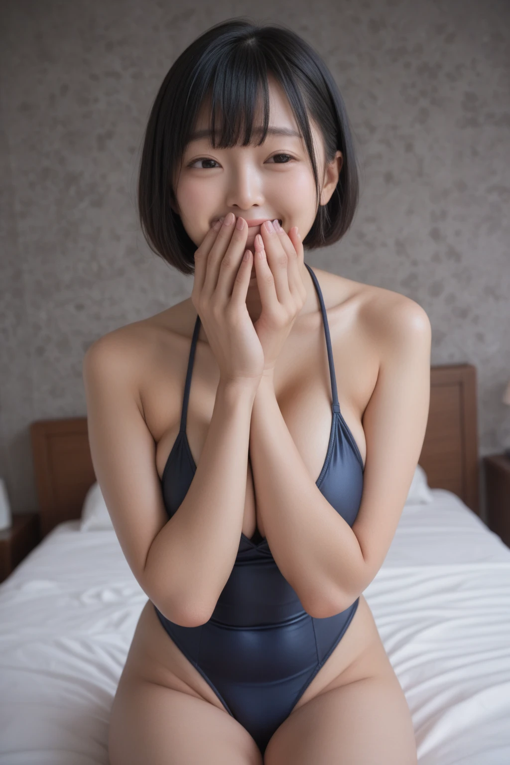1 girl, masterpiece, best quality, realistic, real, temptation light smile, short shoulder length hair, attractive eyes, (small breasts), (fancy hoodie), (showing cleavage), <lora:koreanDollLikeness_v10:0.2>, extremely detailed, full body, in the modern hotel room, (floor to ceiling windows with ocean view), nsfw,