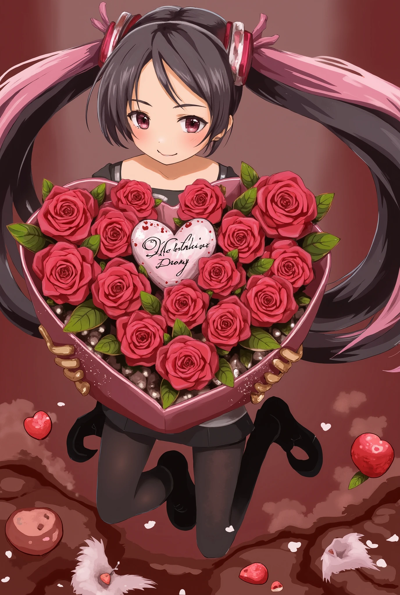 ( masterpiece、 top quality、 top quality、 Official Art、 beautiful and beautiful :1.2)、( one girl:1.3) Hatsune Miku、 twin tails, on hands, Exquisitely composed Realistic images of bouquets of crimson roses intertwined with various luxurious chocolates, Delicious chocolates are universally recognized as a symbol of love and affection . The meticulously captured details of each element are awe-inspiring : Velvety petals that stimulate the senses , Delicious chocolates arranged with artistic precision . This high-quality photograph captures the essence of romance and luxury , Evoke feelings of warmth and desire in the viewer , big love , Love in chocolate , love doll, Written pieces of paper "💕 valentine's day"