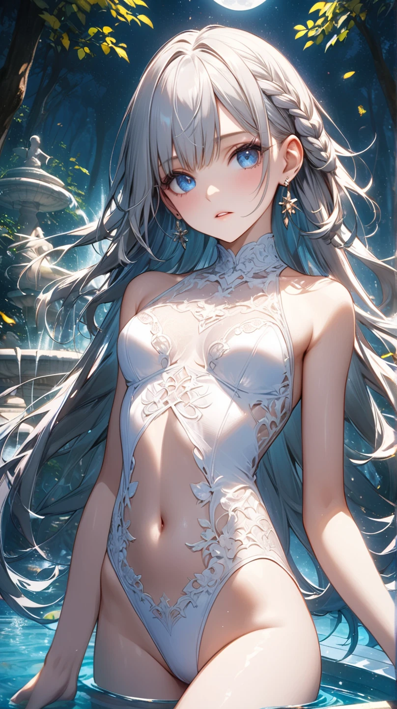 1 girl, adult, long silver hair, small breasts, quiet, water nymph, fish fins on head, transparent fish scales dress, river, mystical, fantasy