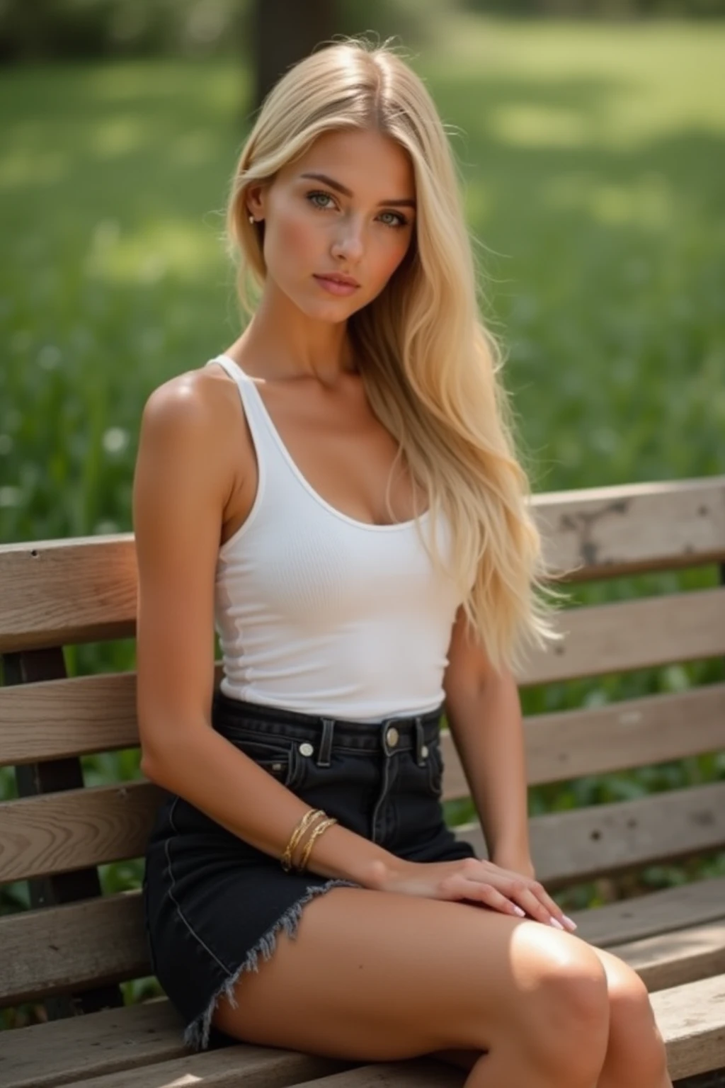 young attractive sexy indian woman, 27years old, cute baby face, blue eyes, (panties,Small tight jeans shorts:1.2), Big Breasts, Light blonde hair, Long Hair, Earrings, (sit on bench in public park), (From head to end of skirt) ,8k, RAW Photos, Highest quality, masterpiece,Highest quality
