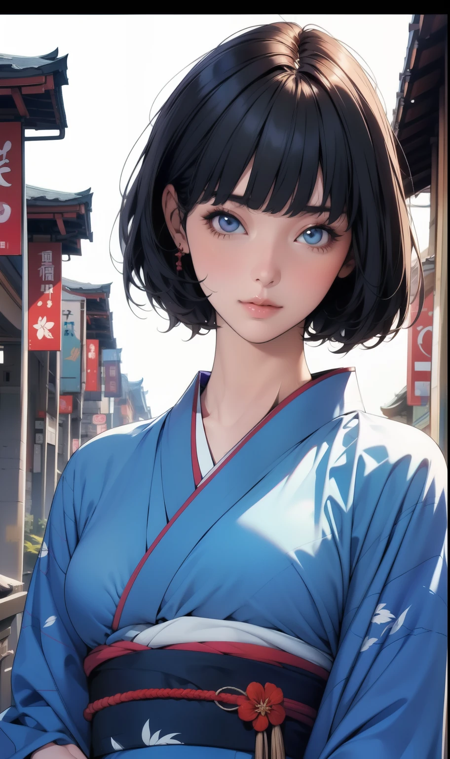 Empty Expressions 、 adult woman、very short extra short hair,front facing、Looking at Viewer(camera) 、 ( Masterpiece), ( top quality), One person、whole body, ( perfect face:1.2), ( beautiful face:1.2), black hair, blunt bangs, 8k, Insane Details, intricate details, very detailed, High Quality, high detail for women, Hi-Res,Kimono without pattern、Plain blue kimono、temple background、 upper body