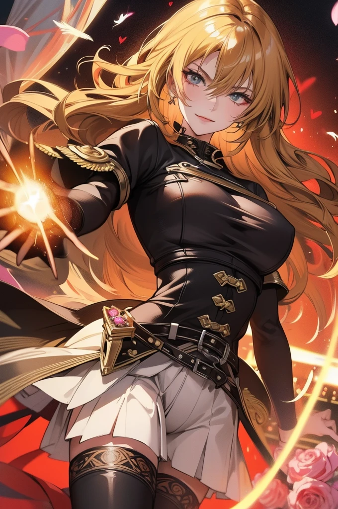 Buff, blonde, young lady, red eyes, on a white suit with golden details, with a cross necklace on the neck.