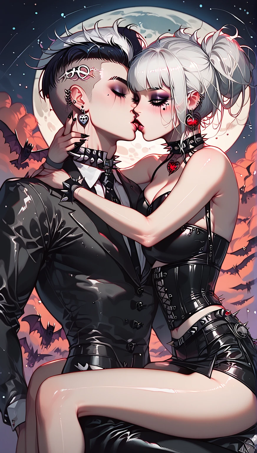 Vampire Pale man, long black hair and black and red suit vampire clothes kissing a pale woman with black hair with bangs black mini skirt black and black corset, fishnet stockings, vampire woman’s outfit, vampire couple, kissing and making sex excited panting, vampire man with long hair and vampire woman,