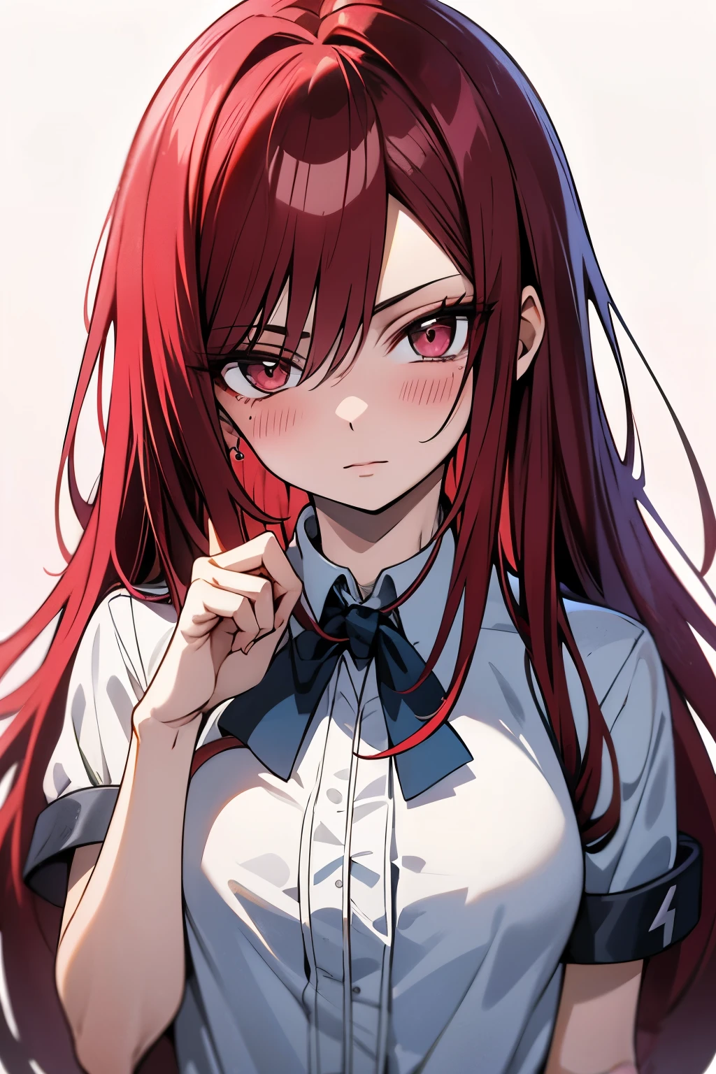 absurdres, highres, ultra detailed, Erza scarlet ,blush , solo , school uniform, medium chest, looking at viewer .
