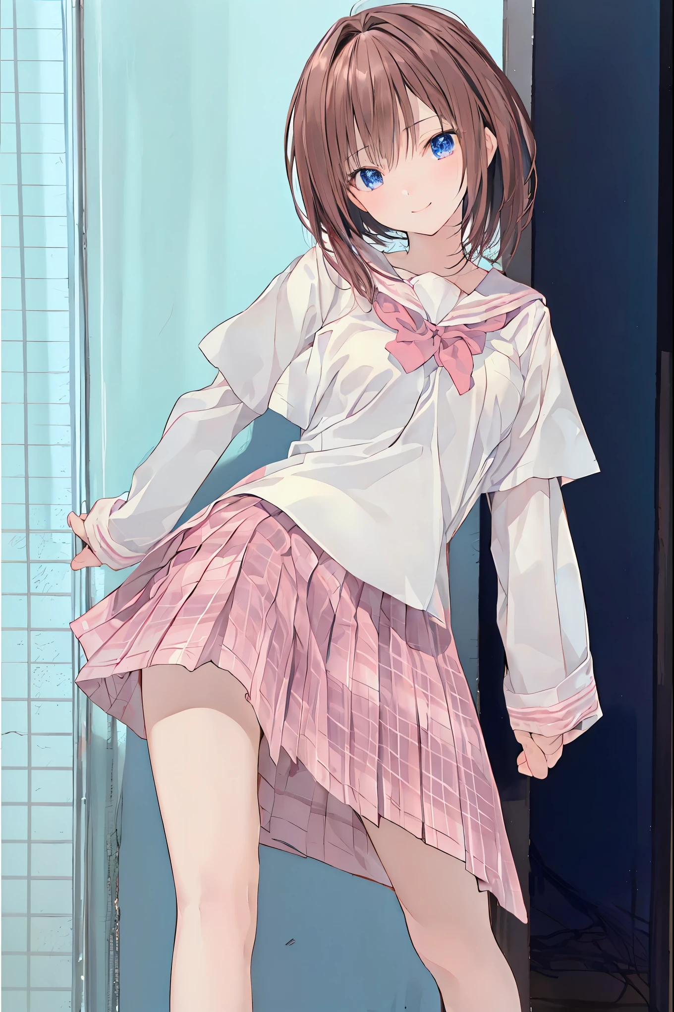 ​masterpiece,  top quality,  非常に DetailsなCG Unity 8K壁紙 , Ultra-realistic 8K CG,  perfect artwork ,  Perfect Female Body Type,  Dramatic shadows , ( spotlight,  viewer ,  Details light , ((( 1 girl))), (( SHARP FACE )), (( brown hair,  wave hair)), (((  Poses ))),  model body type ,  I can see my belly button,    , (( cute face)), ( smiles gently: 1.2), (  asymmetrical bangs that grab the  ,   beautiful eyelashes ), Beautiful appearance, (Beautiful bust line:1.2), (),  beautiful girl,  beautiful facial features that describe a perfect face, cold, Natural Beauty ,  sweaty,  slender body,  Light and beautiful thigh expression ,  high school girl,   high school uniforms  ,   show me a sailor suit ,  pleated skirt ,   loose socks,   in front of a wall full of graffiti  ,   night , ((( leaning ,  standing))),  Award-Winning Photos Cuddling ,  Details,   realistic light and shadow ,  8k resolution,   professional lighting , ( shiny skin:0.9),   Perfect Hands,
