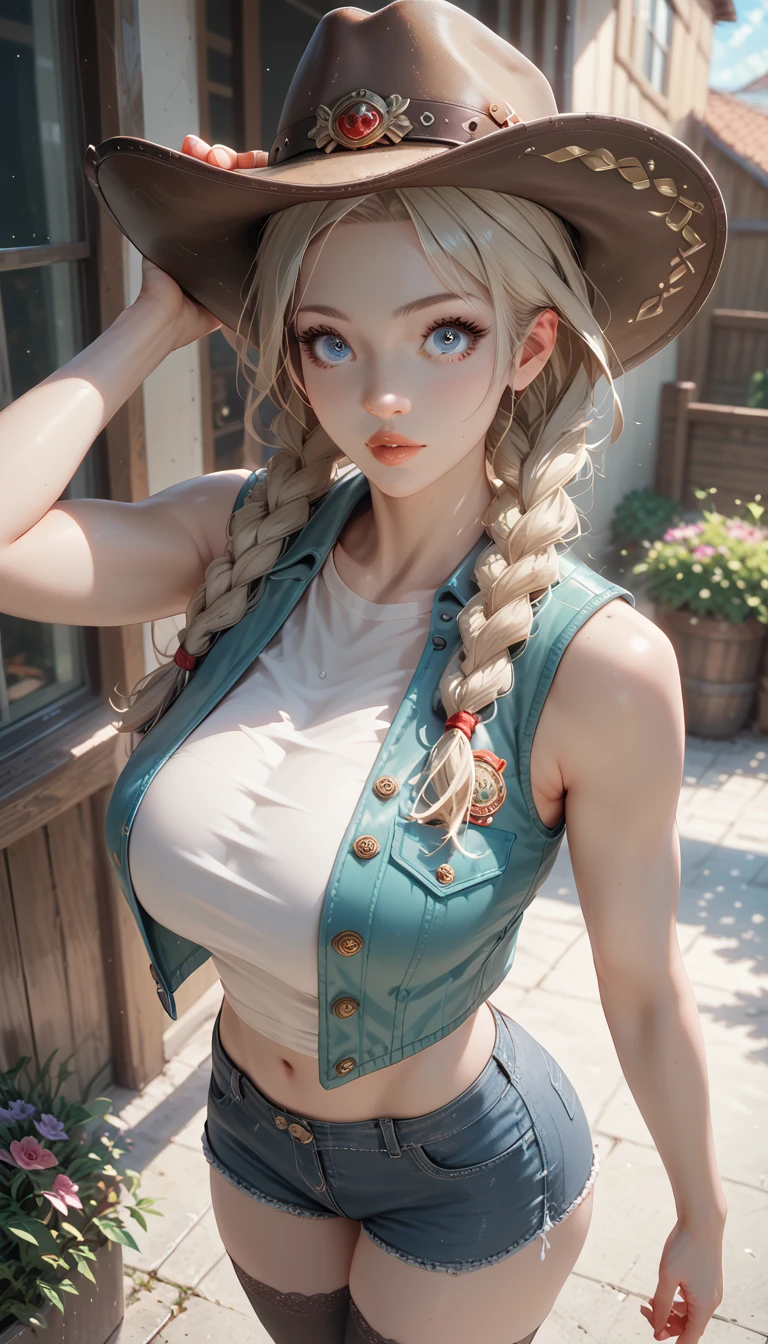 (masterpiece, best quality) detailed, dmarci, 1girl, solo, black cargo shorts, silver accessories, denim jacket, blonde, elegant, pointed ears, casual posture, smiling, large breasts, looking at viewer,