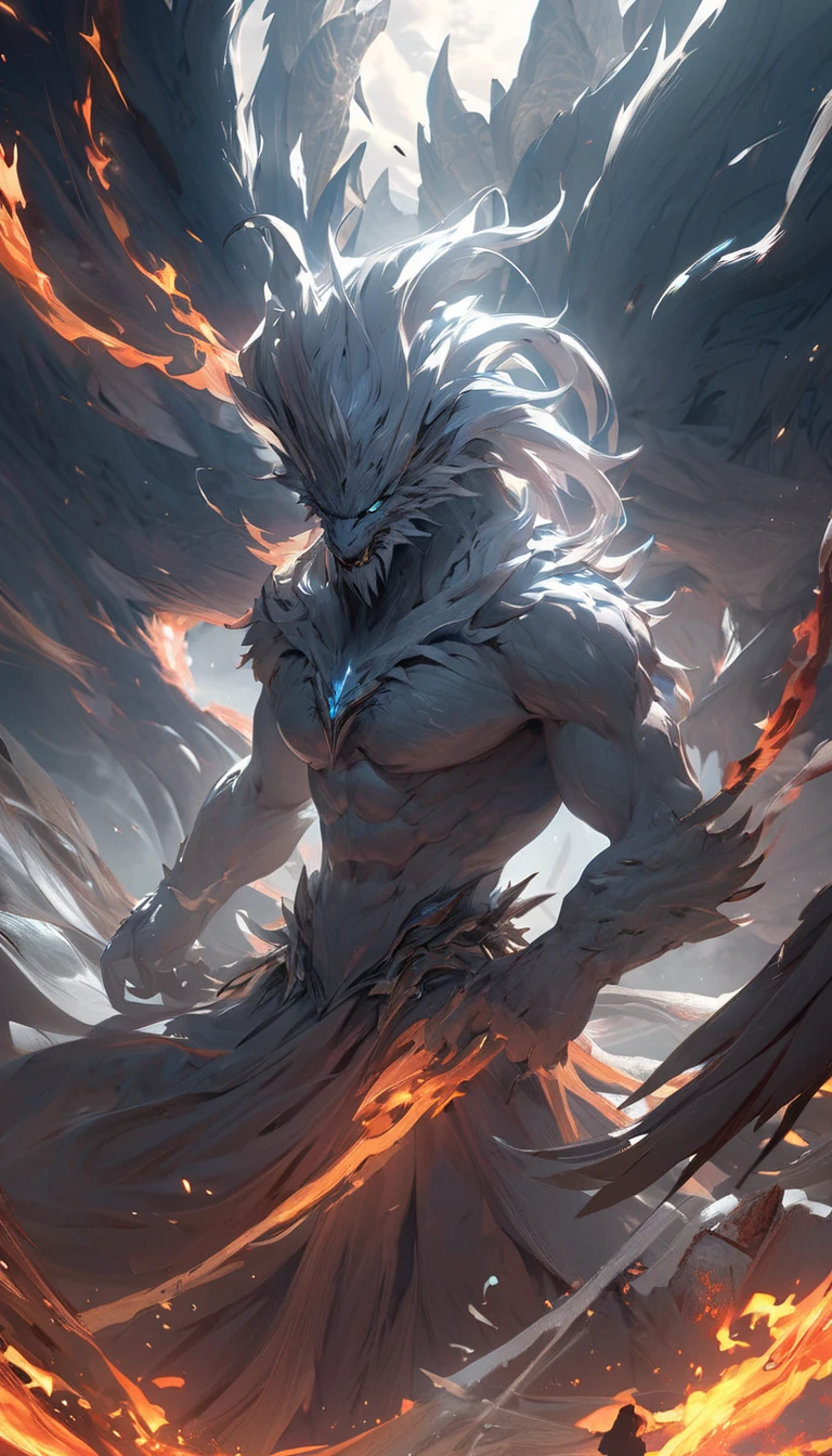 A closeup of a monster with a big head and a huge body, arte oficial altamente detalhada, fenrir, detalhe imenso, por Ryan Yee, arte completa, in an epic and intricate oroboros, giant ethereal creature, arte digital detalhada de anime, senhor das feras, arte digital detalhada de fantasia 2D, arte completa illustration, um lobo minotauro, arte de fantasia altamente detalhada