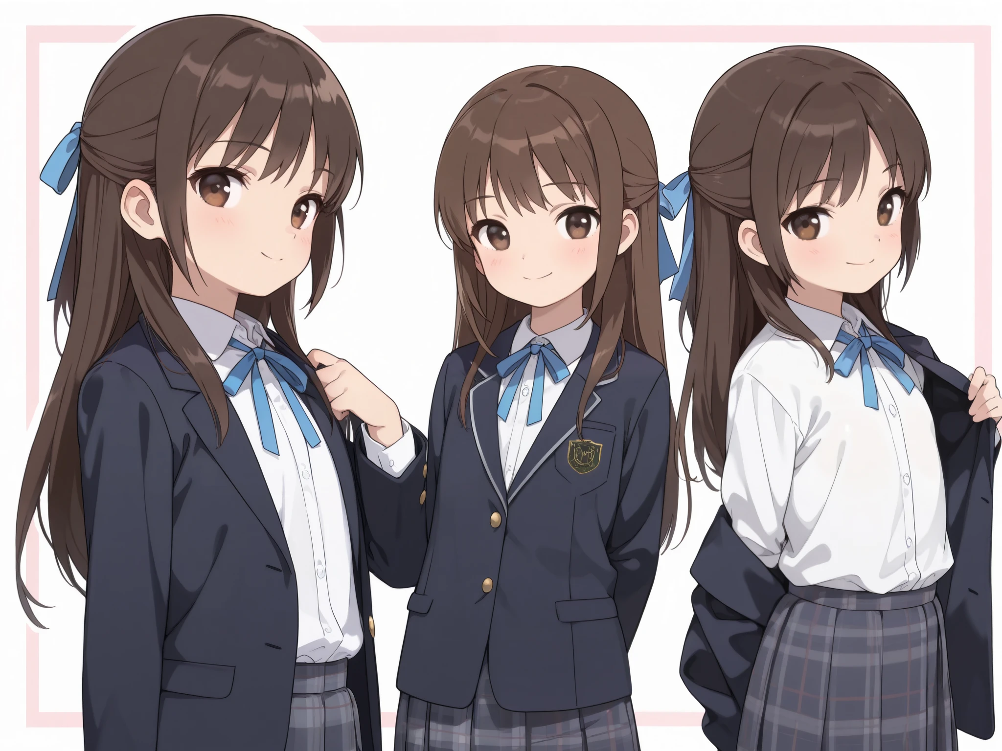 (Top Quality), (Very Aesthetic), (Super Detailed), (Best Illustration), , female , Girl, half updo, Blue Ribbon, Long Hair, Straight Hair, Sideburns, Center Parting, Brown Hair, Brown Eyes, Smiling, (flat breast), (school uniform, blazer, classic style with white shirt and plaid skirt, formal look), Classroom Lessons With friends